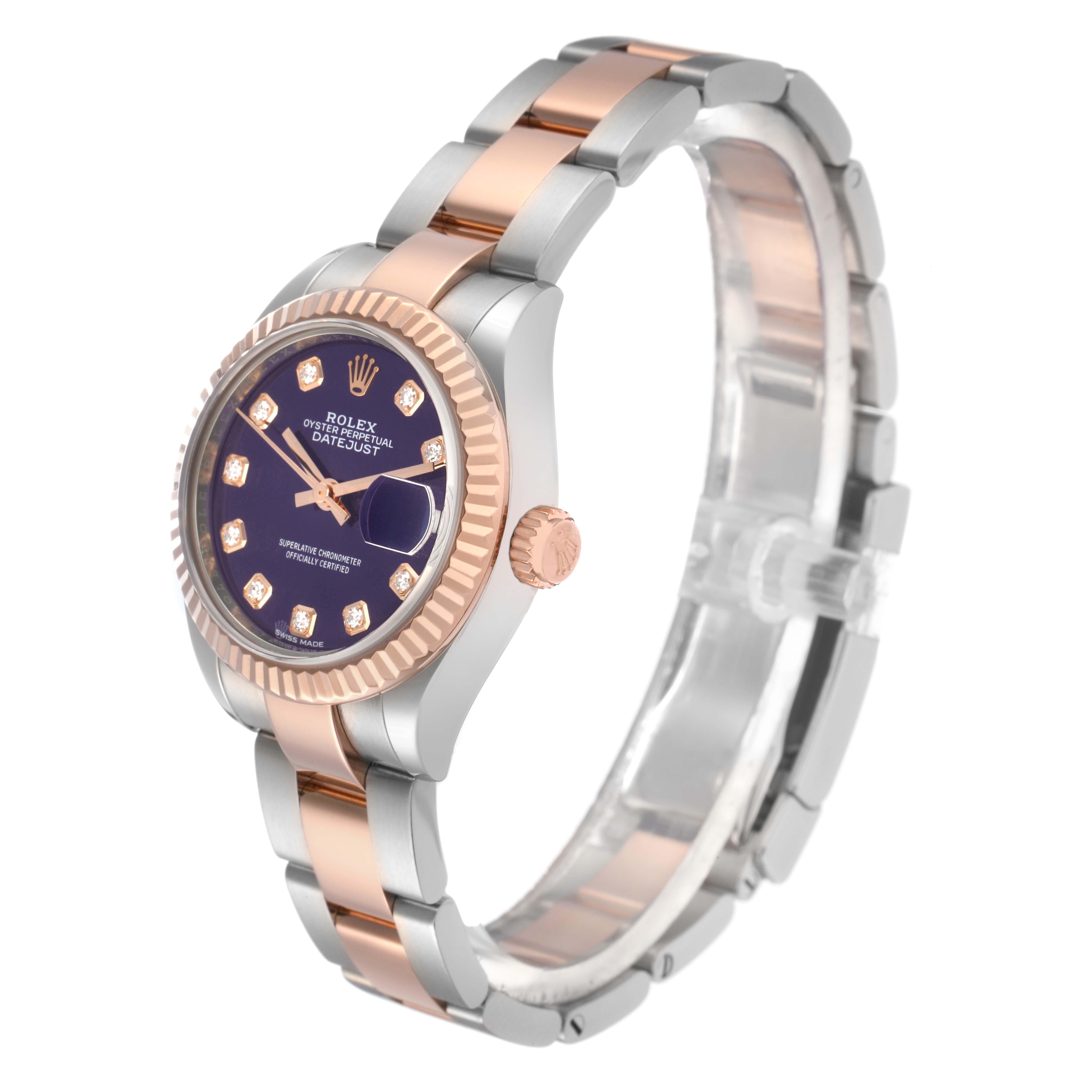 The Rolex Datejust 279171 Women
s Steel and Gold (two tone) Purple Dial 279171 Women
s Steel and Gold (two tone) Purple Dial watch is shown at a three-quarter angle, highlighting the dial, bezel, crown, and the bracelet.
