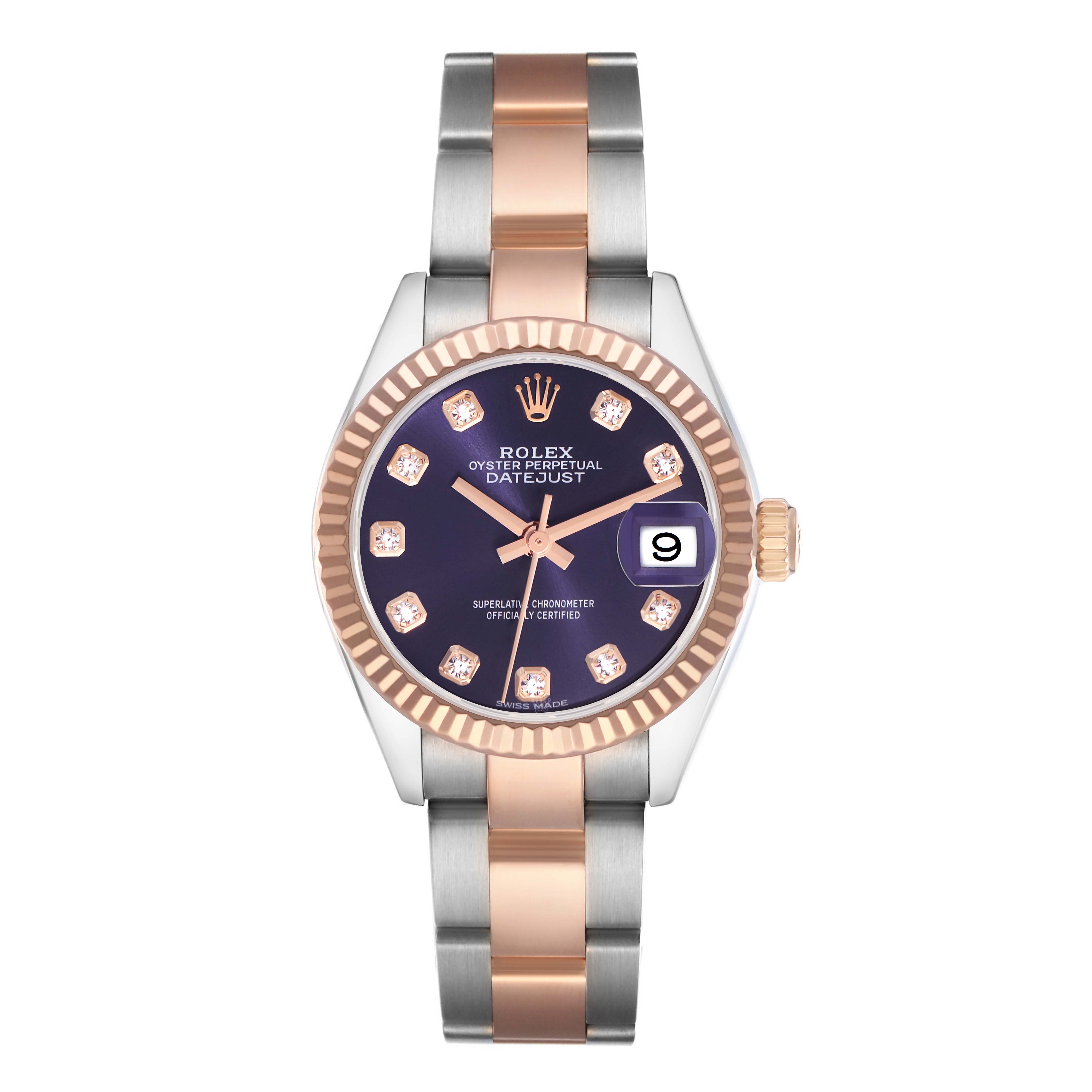 The Rolex Datejust 279171 Women
s Steel and Gold (two tone) Purple Dial 279171 Women
s Steel and Gold (two tone) Purple Dial watch is shown from the front, displaying its dial, hands, date window, bezel, and two-tone bracelet.