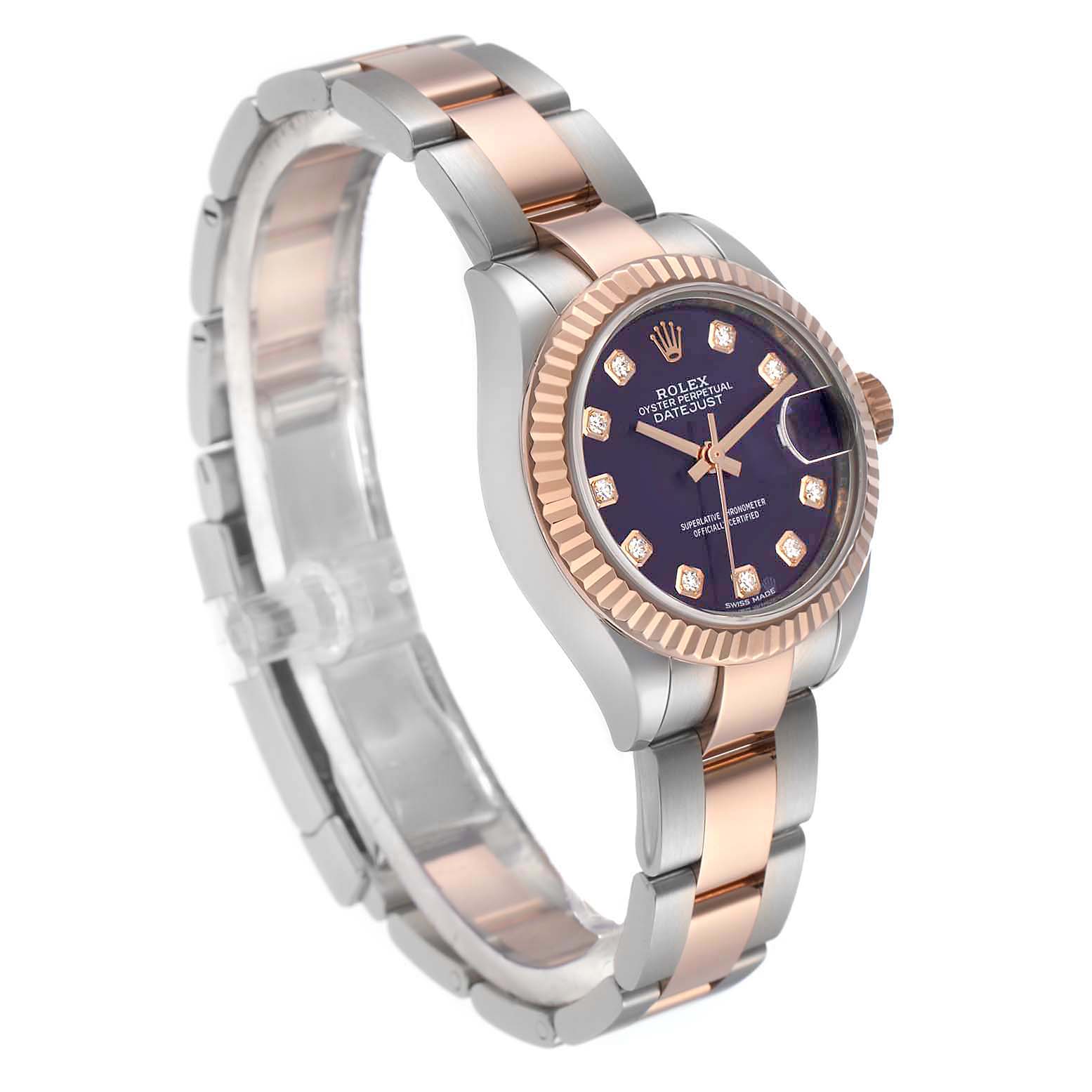 The Rolex Datejust 279171 Women
s Steel and Gold (two tone) Purple Dial 279171 Women
s Steel and Gold (two tone) Purple Dial is shown at a three-quarter angle, highlighting the dial, bezel, case, and bracelet.