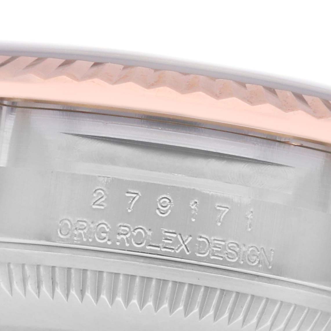 The image shows an angled close-up of the bezel and side, featuring the model engraving on a Rolex Datejust 279171 Women
s Steel and Gold (two tone) Purple Dial 279171 Women
s Steel and Gold (two tone) Purple Dial watch.