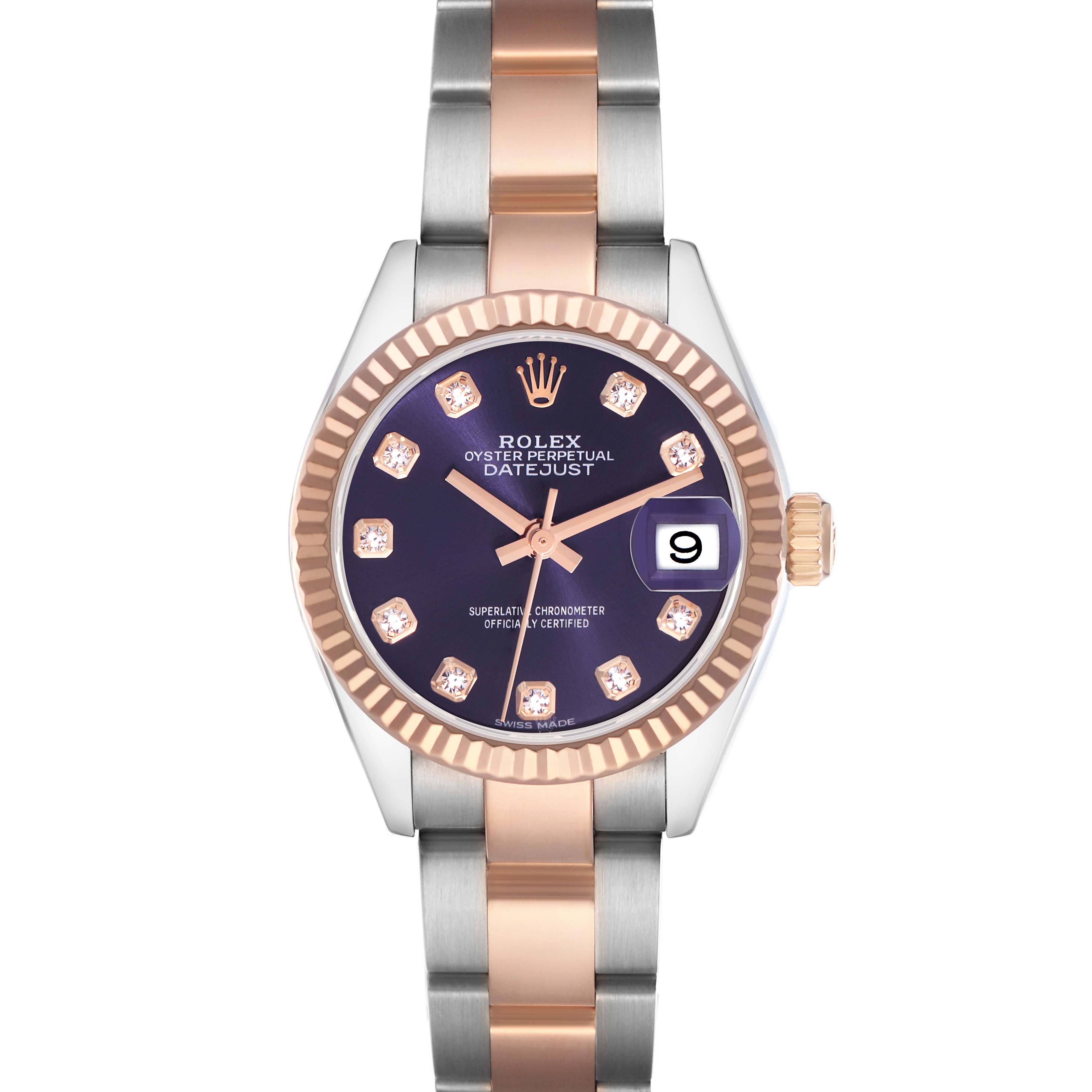 The Rolex Datejust 279171 Women
s Steel and Gold (two tone) Purple Dial 279171 Women
s Steel and Gold (two tone) Purple Dial watch is shown from the front, displaying the dial, bezel, hands, date, and part of the bracelet.