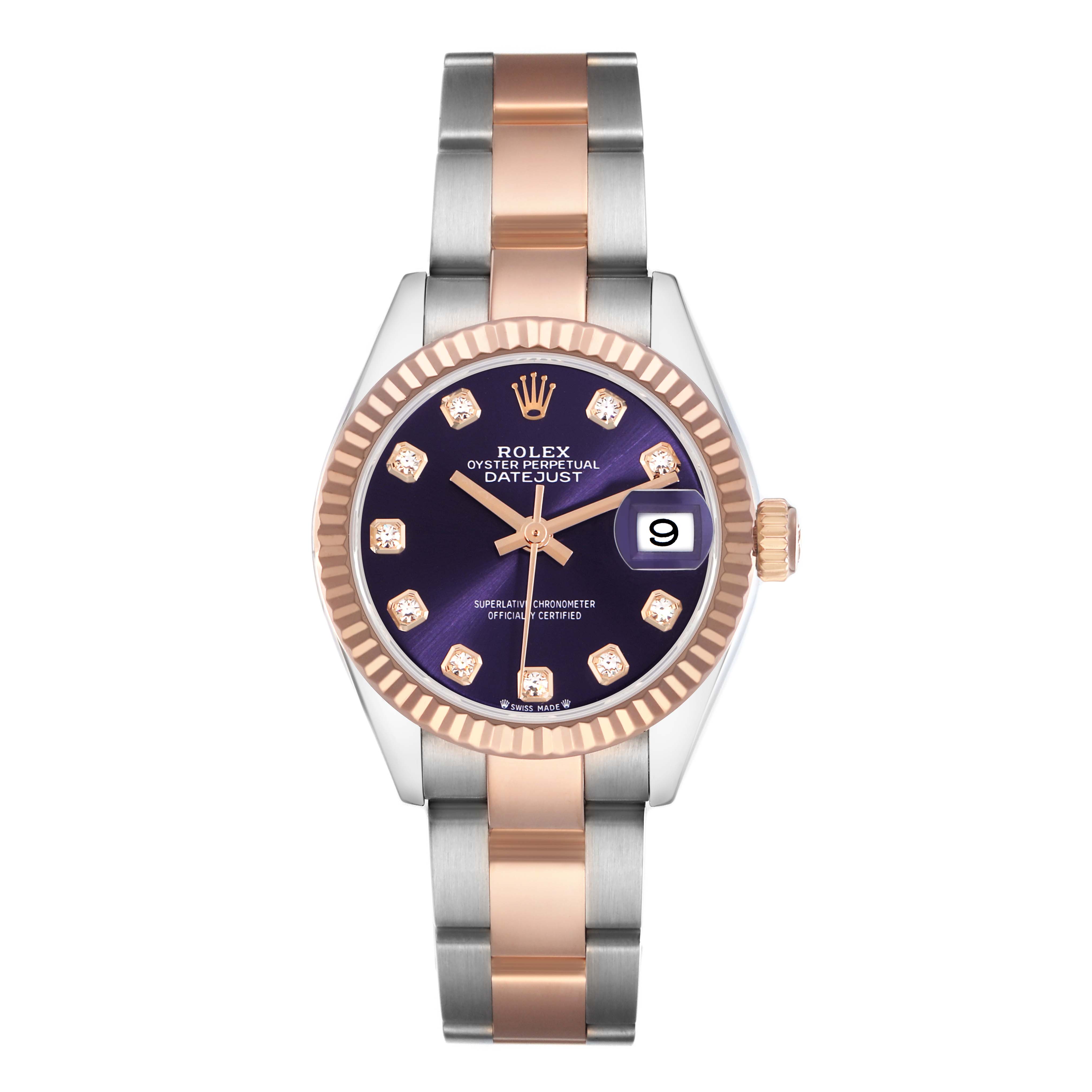 The Rolex Datejust 279171 Women
s Steel and Gold (two tone) Purple Dial 279171 Women
s Steel and Gold (two tone) Purple Dial watch is shown from a top-down angle, highlighting its bezel, dial, and two-tone bracelet.