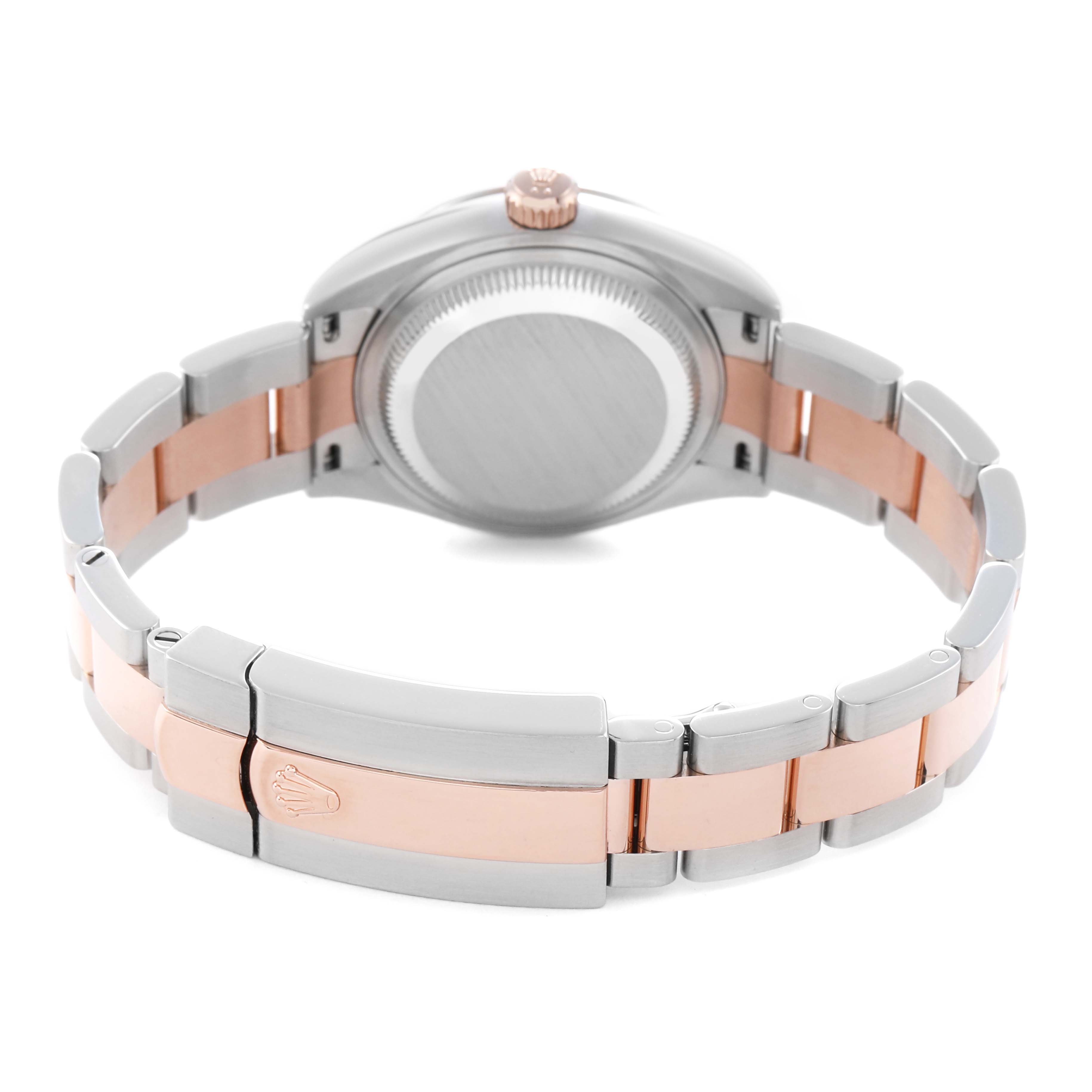 The Rolex Datejust 279171 Women
s Steel and Gold (two tone) Purple Dial 279171 Women
s Steel and Gold (two tone) Purple Dial watch is shown from the back, highlighting the case back, crown, and two-tone bracelet.