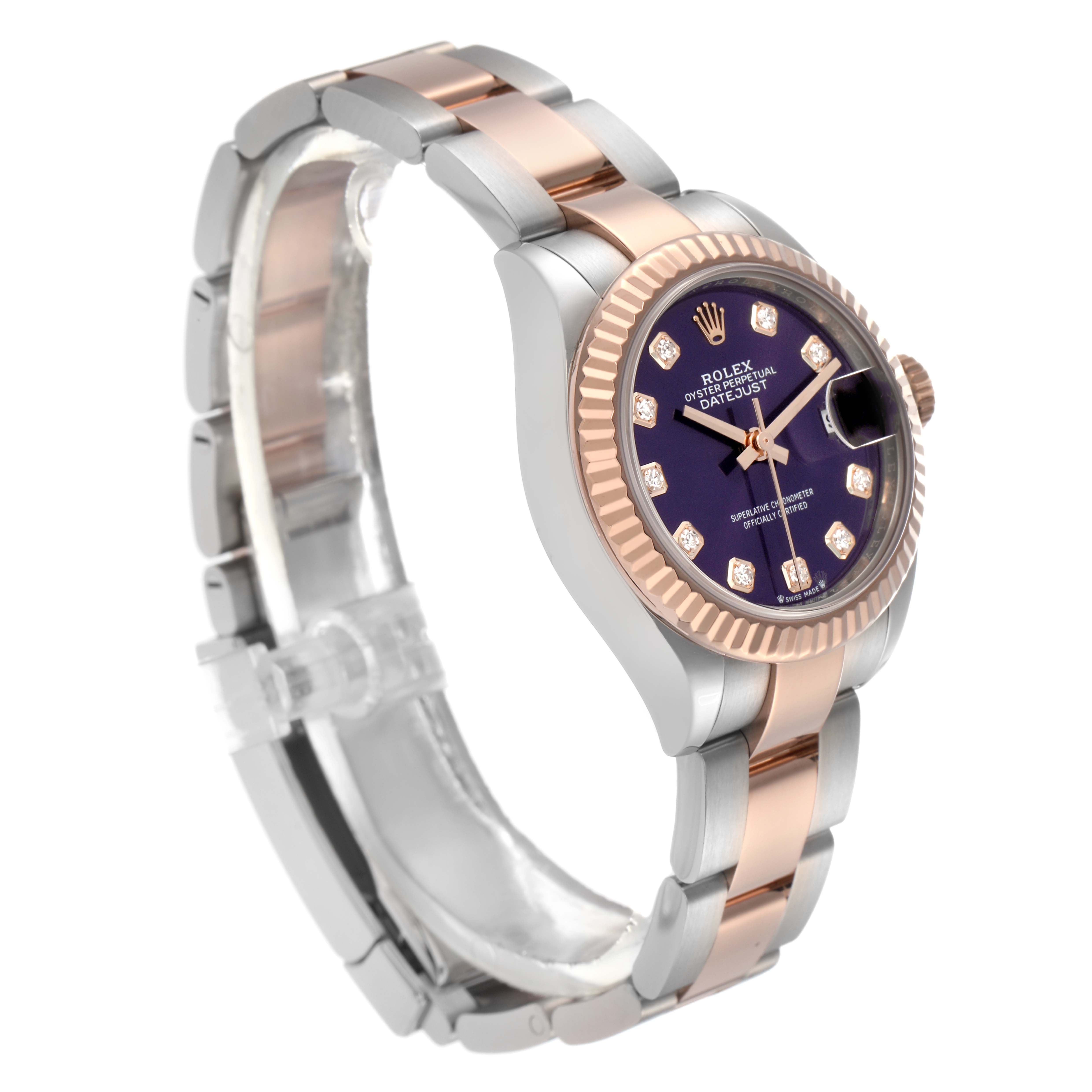 The Rolex Datejust 279171 Women
s Steel and Gold (two tone) Purple Dial 279171 Women
s Steel and Gold (two tone) Purple Dial watch is shown at a three-quarter angle highlighting its dial, fluted bezel, and two-tone bracelet.