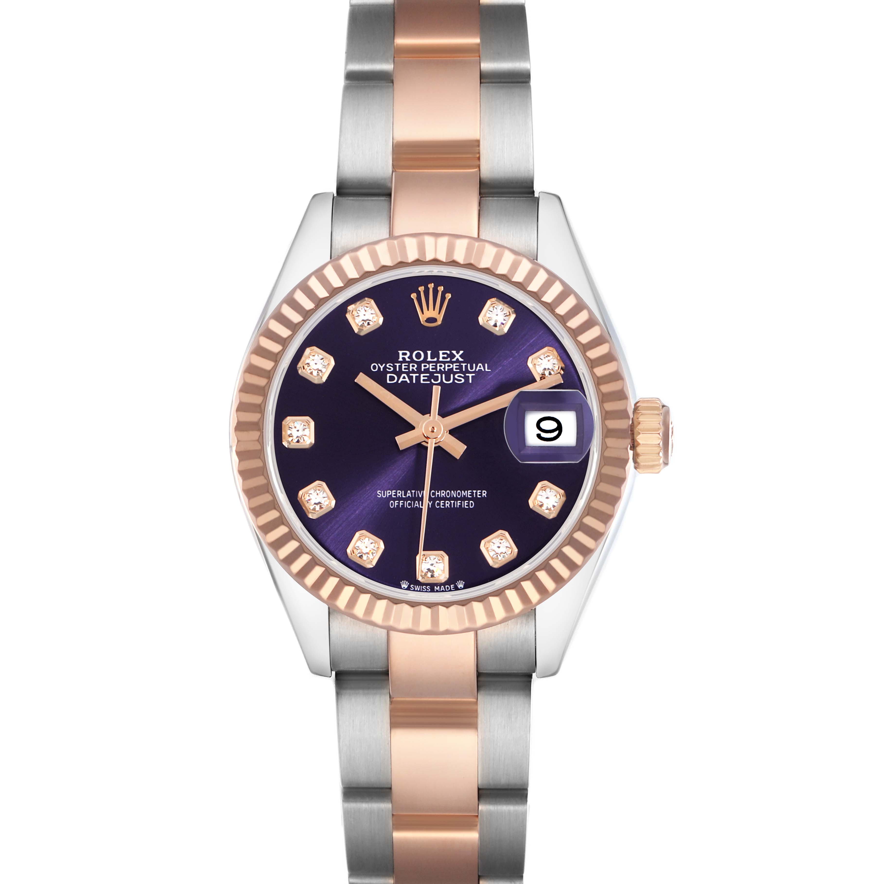 The Rolex Datejust 279171 Women
s Steel and Gold (two tone) Purple Dial 279171 Women
s Steel and Gold (two tone) Purple Dial watch is shown from the front, highlighting the dial, bezel, and two-tone bracelet.