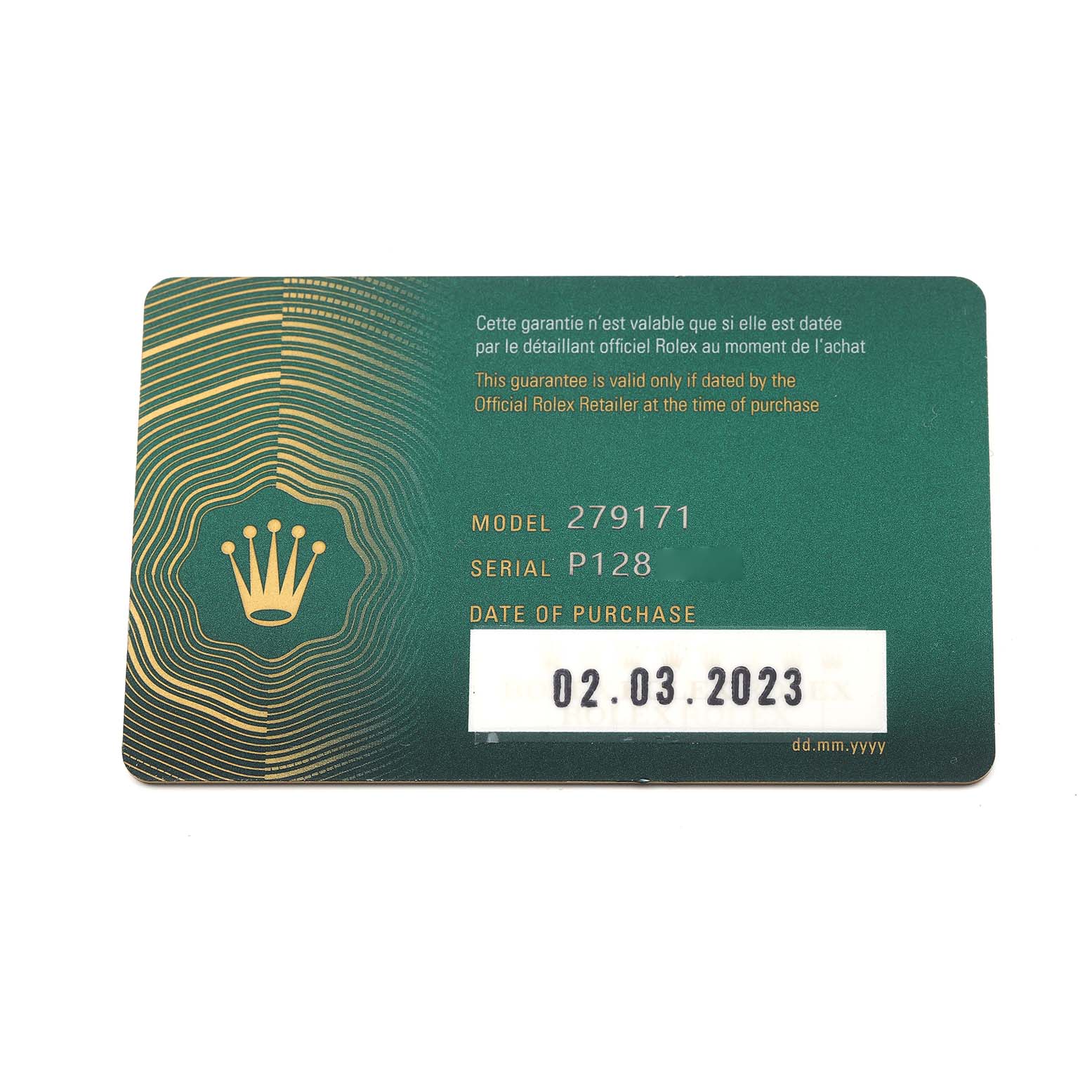 The image shows a warranty card for a Rolex Datejust 279171 Women
s Steel and Gold (two tone) Purple Dial 279171 Women
s Steel and Gold (two tone) Purple Dial model 279171, featuring the brand
s logo and purchase date.