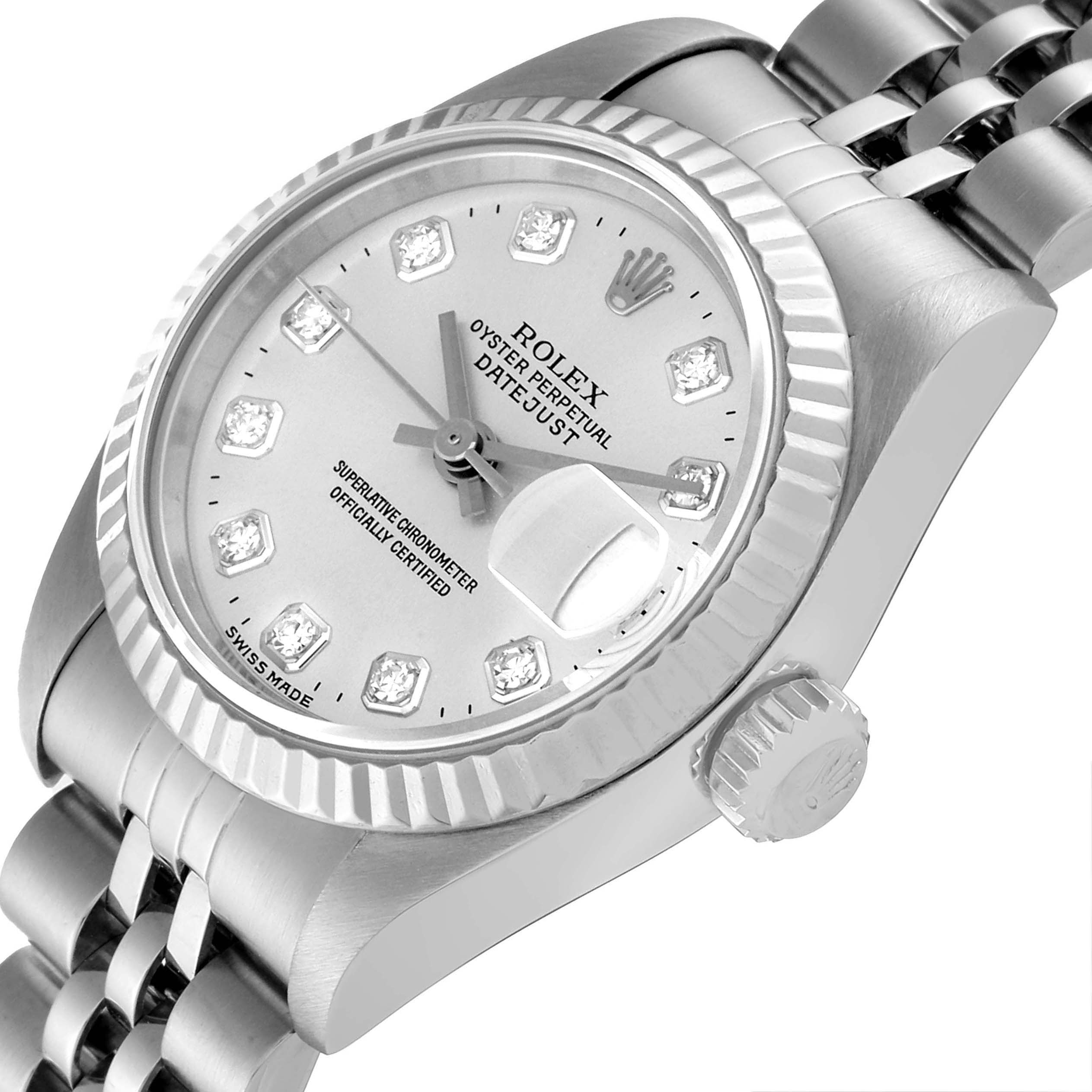 This image shows a close-up, angled view of a Rolex Datejust 69174 Women's Stainless Steel Silver Dial 69174 Women's Stainless Steel Silver Dial watch, highlighting the dial, bezel, crown, and part of the bracelet.