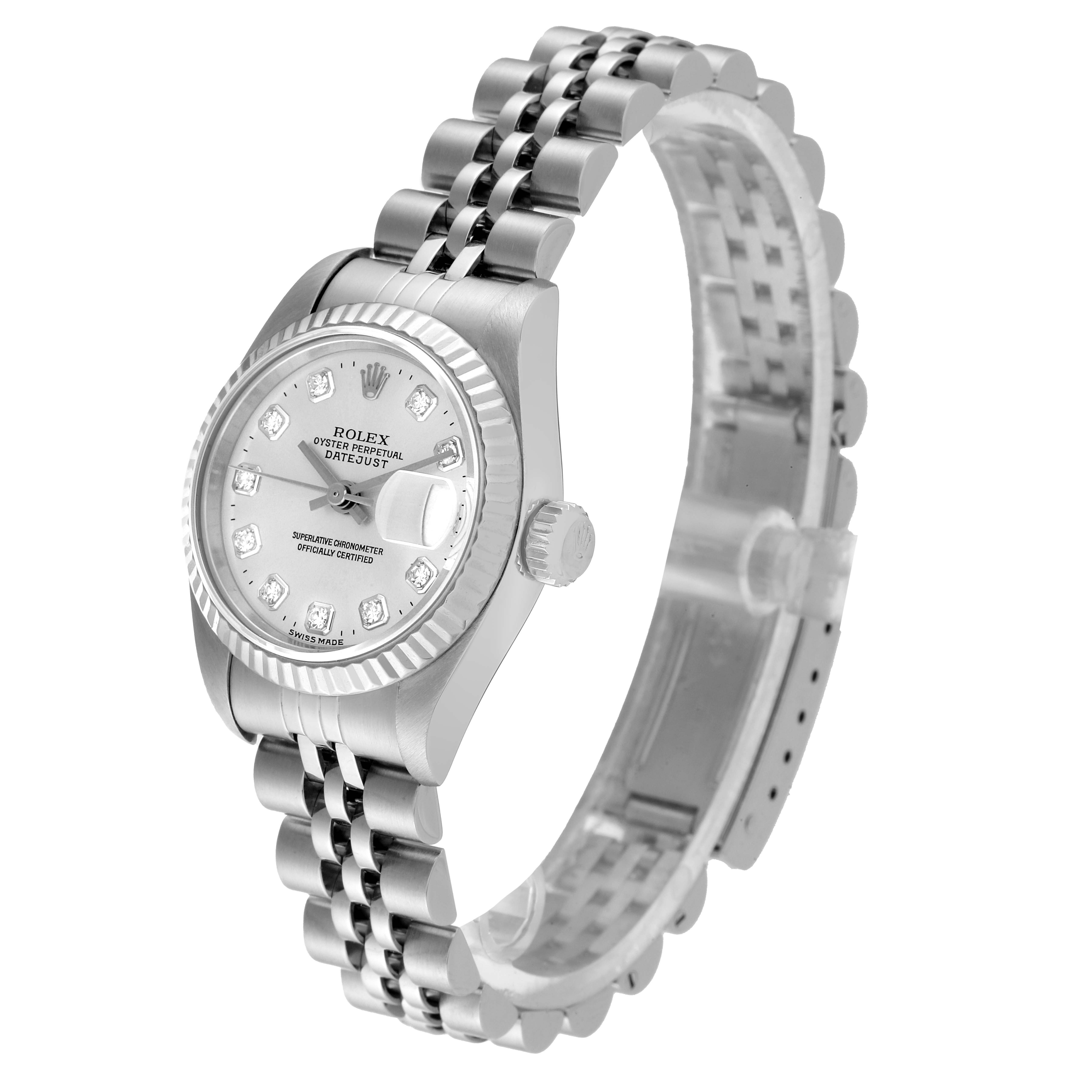 The image shows a side angle of a Rolex Datejust 69174 Women's Stainless Steel Silver Dial 69174 Women's Stainless Steel Silver Dial watch, displaying the face, bezel, crown, and bracelet.