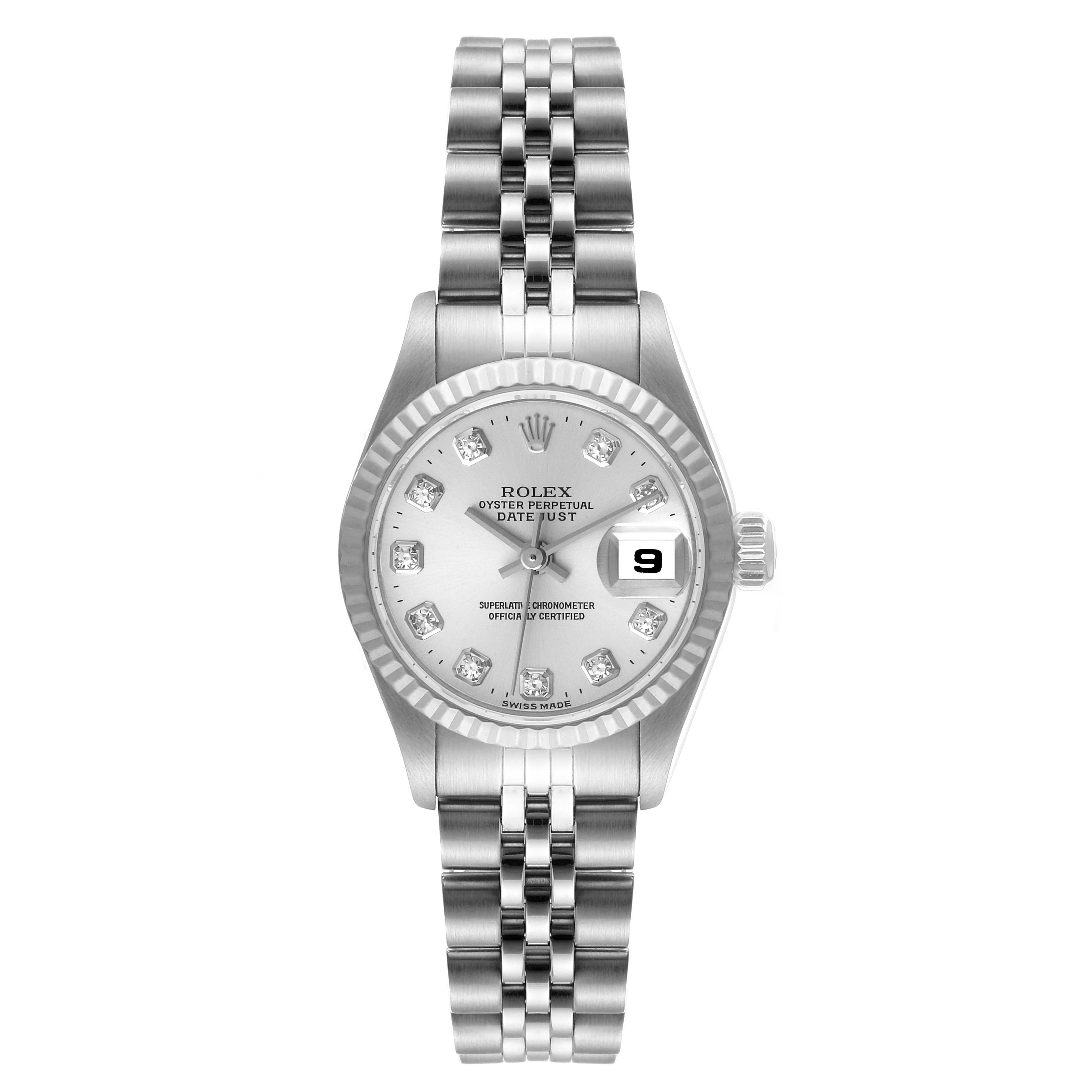 This image shows a front view of the Rolex Datejust 69174 Women's Stainless Steel Silver Dial 69174 Women's Stainless Steel Silver Dial watch, displaying its face, bezel, crown, and bracelet.
