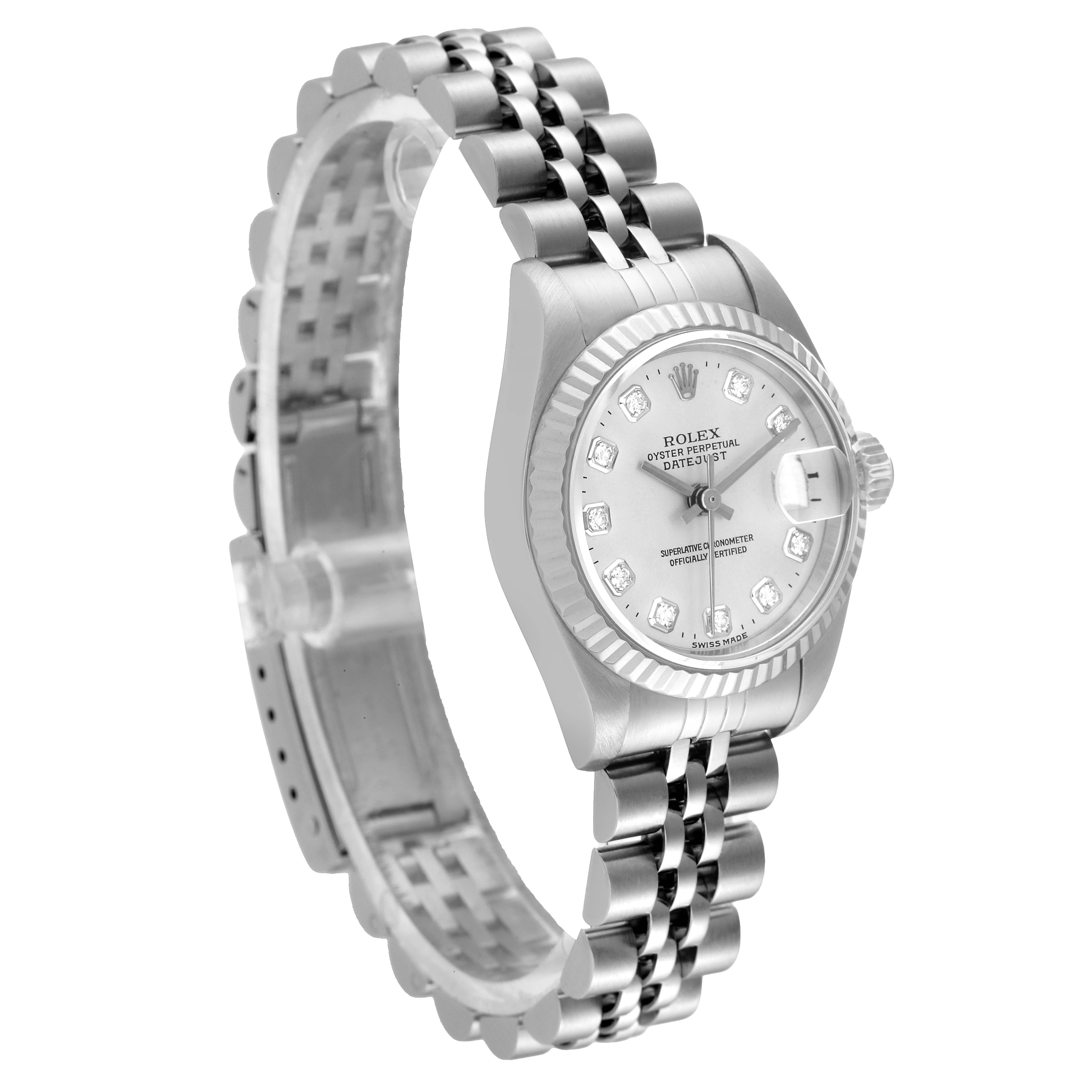 The image shows a side angle view of a Rolex Datejust 69174 Women's Stainless Steel Silver Dial 69174 Women's Stainless Steel Silver Dial watch, displaying its dial, fluted bezel, and bracelet.