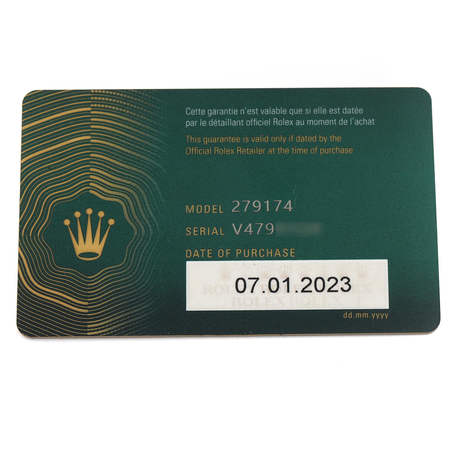 This image shows a warranty card for the Rolex Datejust 279174 Women
s Stainless Steel Mother of Pearl Dial 279174 Women
s Stainless Steel Mother of Pearl Dial model, displaying the model and serial number.