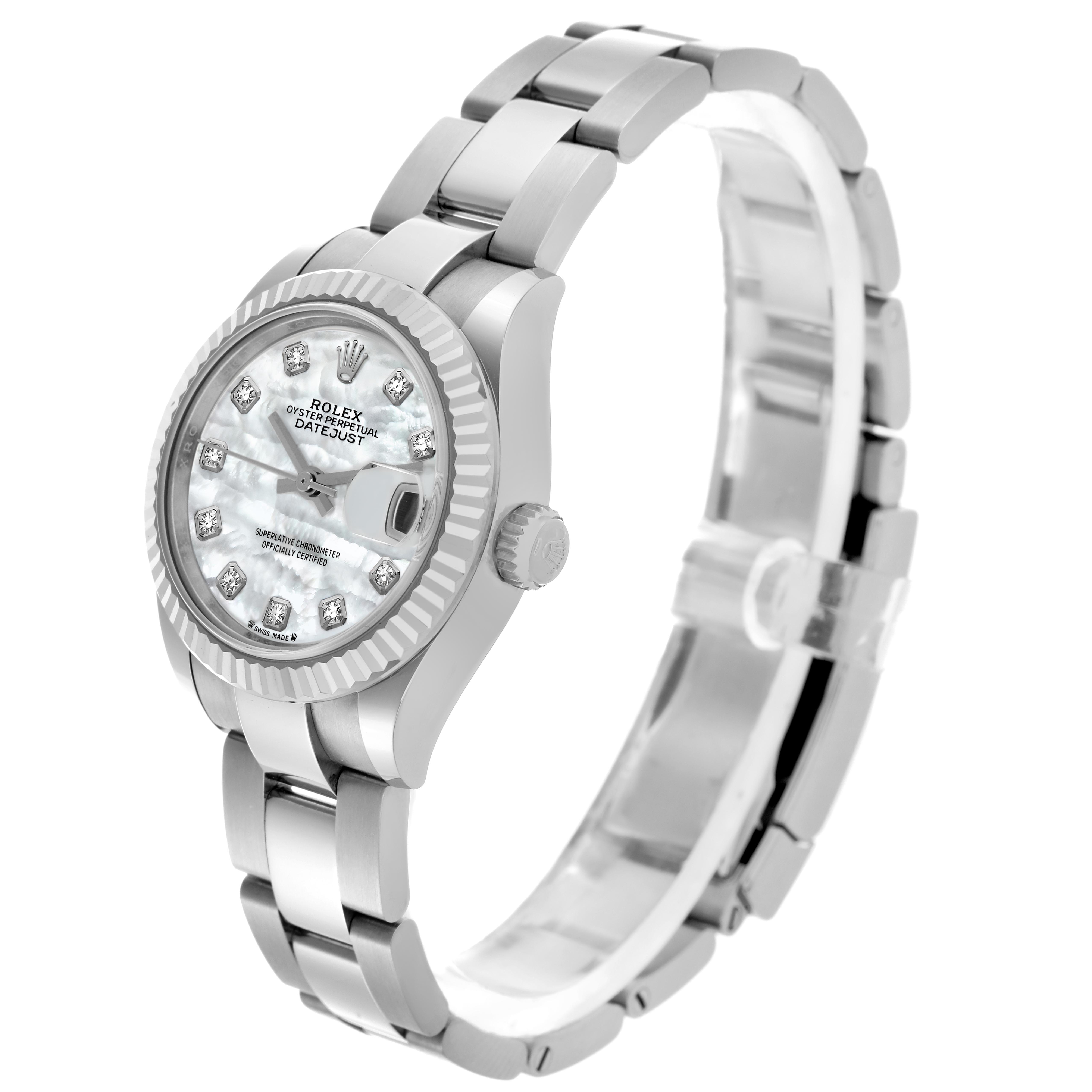 The Rolex Datejust 279174 Women
s Stainless Steel Mother of Pearl Dial 279174 Women
s Stainless Steel Mother of Pearl Dial watch is shown at a three-quarter angle, displaying the dial, bezel, and bracelet.