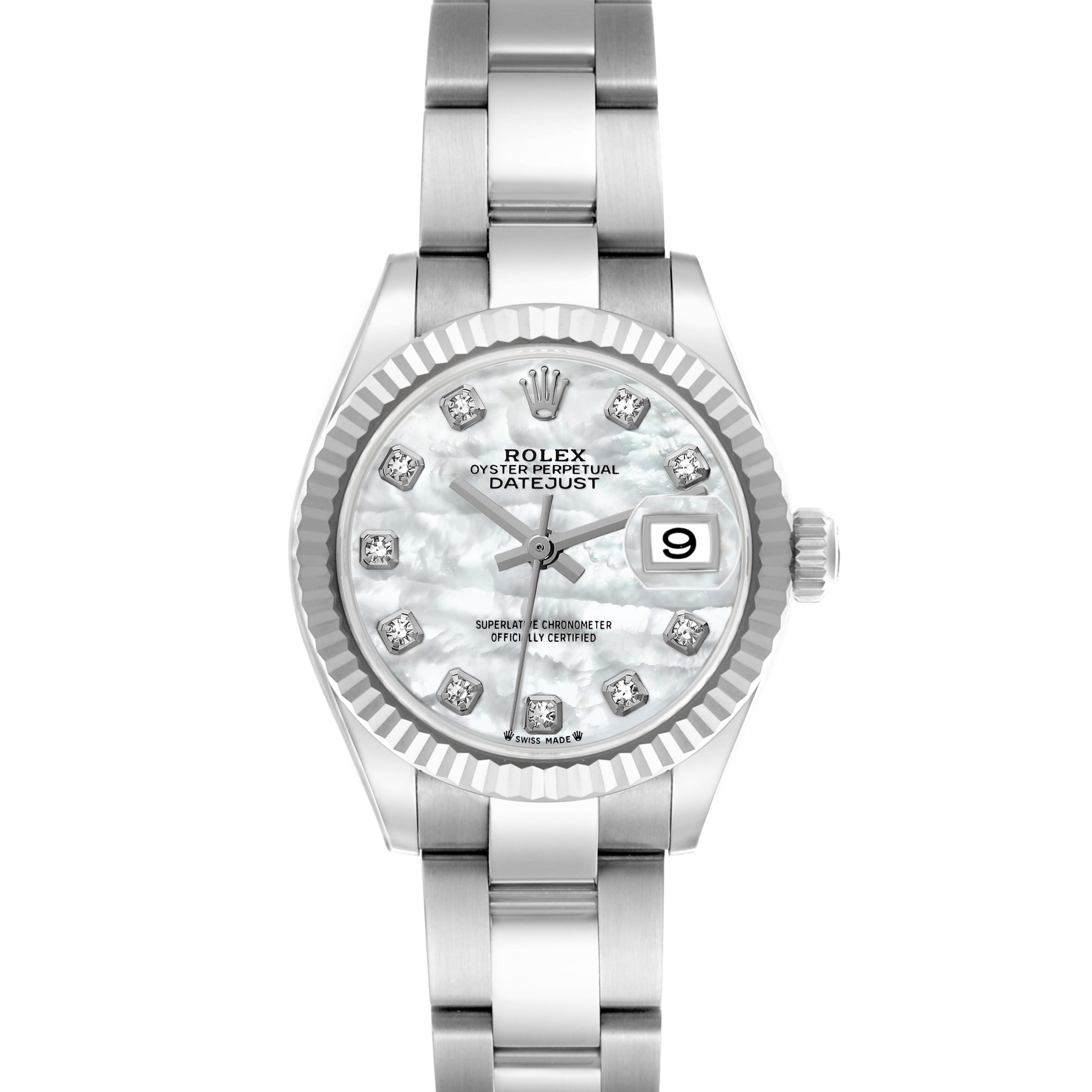 The Rolex Datejust 279174 Women
s Stainless Steel Mother of Pearl Dial 279174 Women
s Stainless Steel Mother of Pearl Dial watch is shown from the front, highlighting its face, bezel, and bracelet.