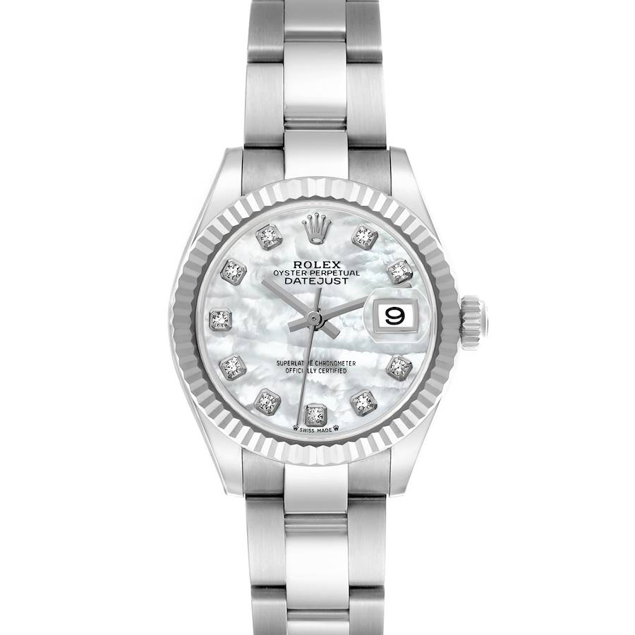 The Rolex Datejust watch is shown from the front, highlighting its face, bezel, and bracelet.