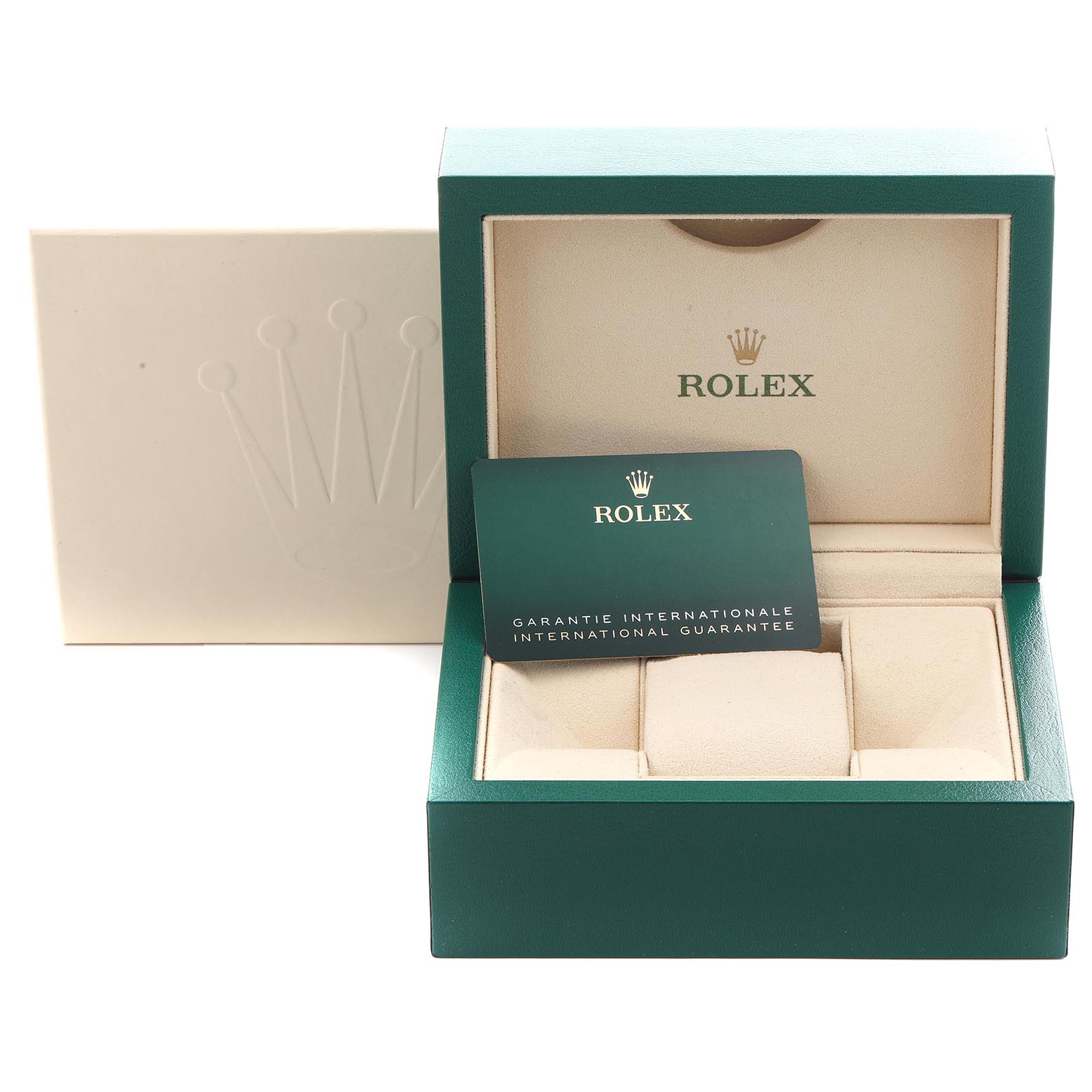The image shows a Rolex Datejust 279174 Women
s Stainless Steel Mother of Pearl Dial 279174 Women
s Stainless Steel Mother of Pearl Dial watch box, open with the international guarantee card positioned inside.