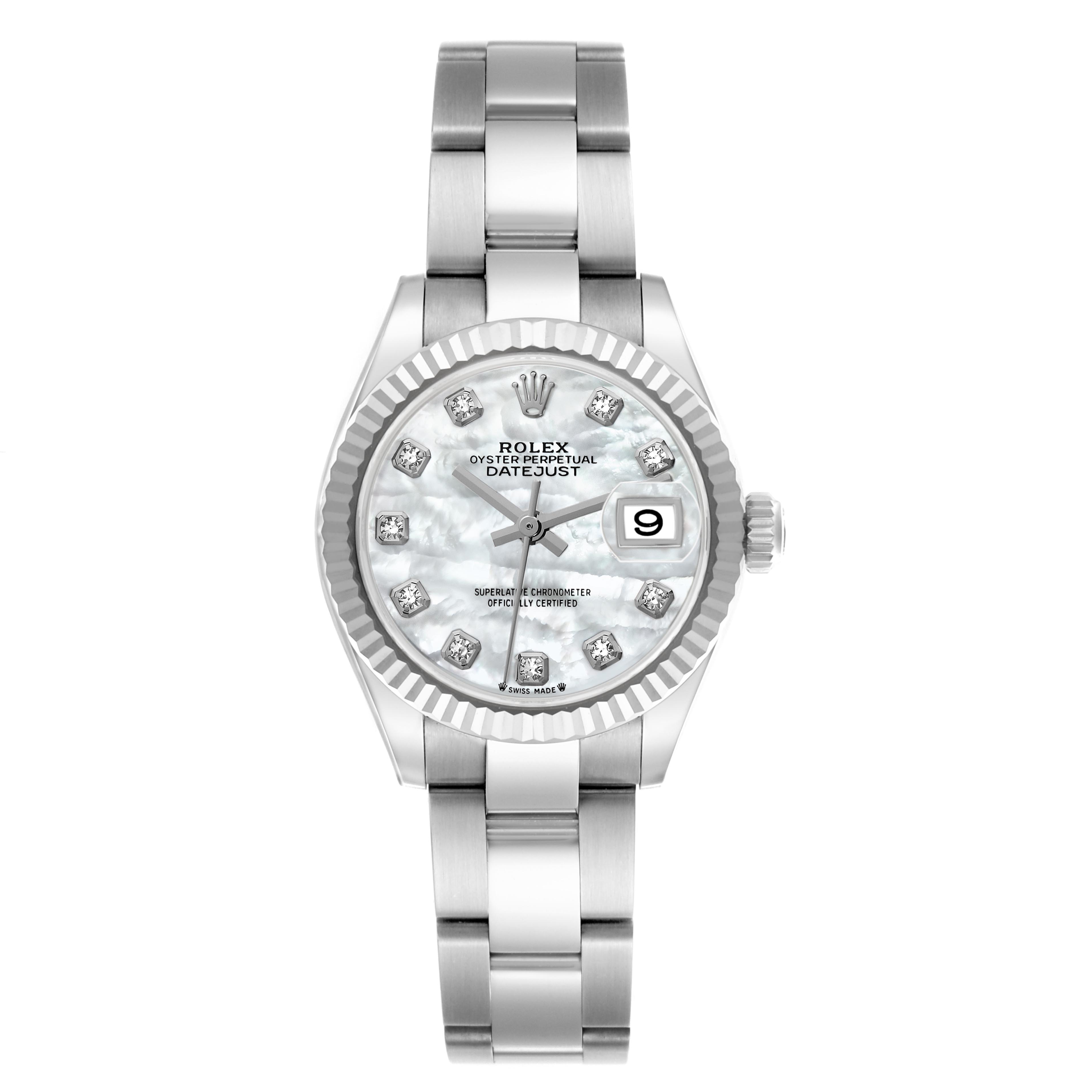 The Rolex Datejust 279174 Women
s Stainless Steel Mother of Pearl Dial 279174 Women
s Stainless Steel Mother of Pearl Dial watch is shown from a front angle, displaying its face, bezel, and bracelet.