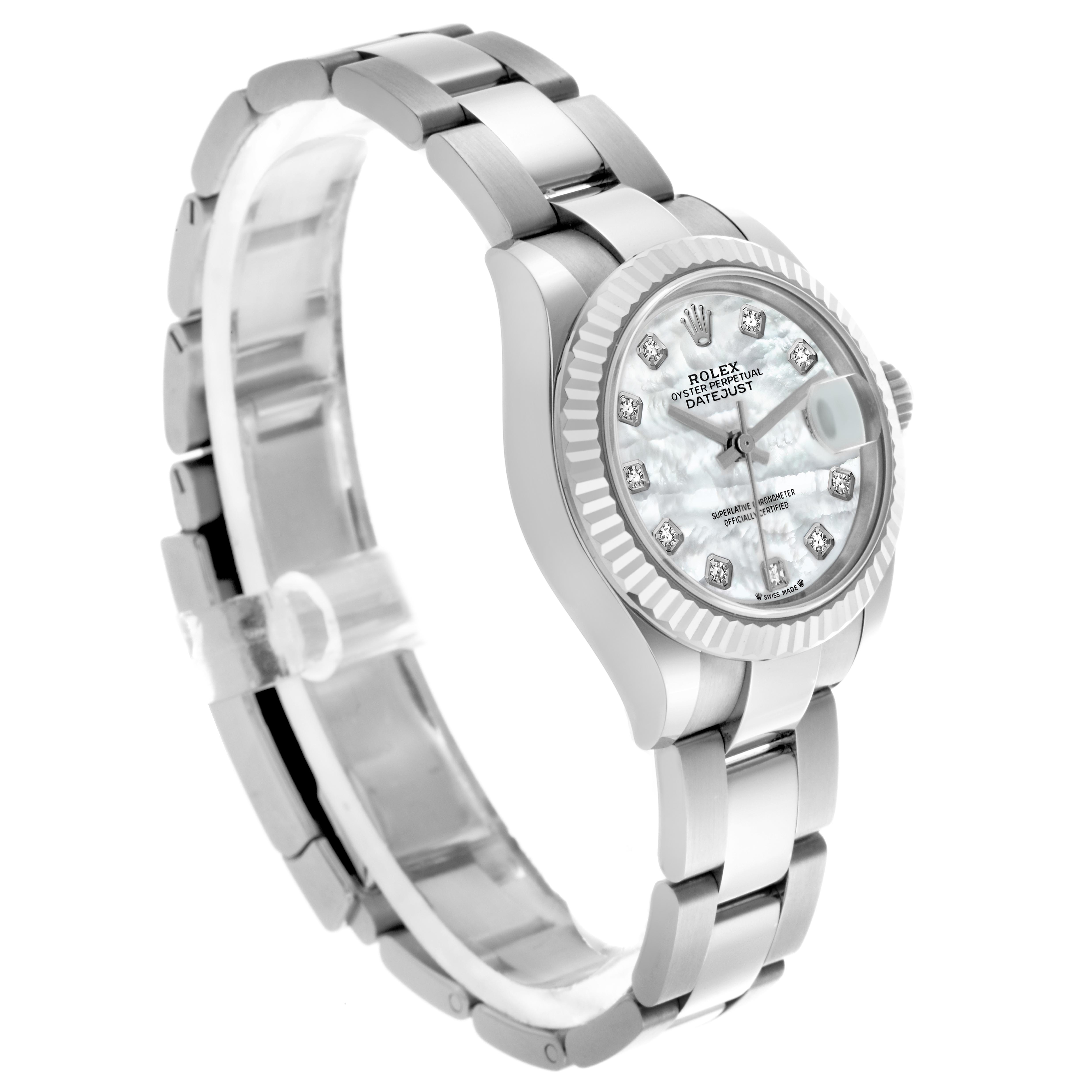 The Rolex Datejust 279174 Women
s Stainless Steel Mother of Pearl Dial 279174 Women
s Stainless Steel Mother of Pearl Dial watch is shown from a side angle, highlighting the bracelet, case, and a partial view of the dial.