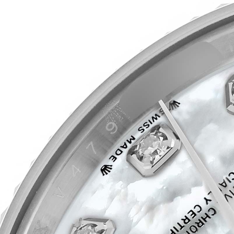 The image shows a close-up of the Rolex Datejust 279174 Women
s Stainless Steel Mother of Pearl Dial 279174 Women
s Stainless Steel Mother of Pearl Dial watch face with diamond hour markers and the "Swiss Made" text.