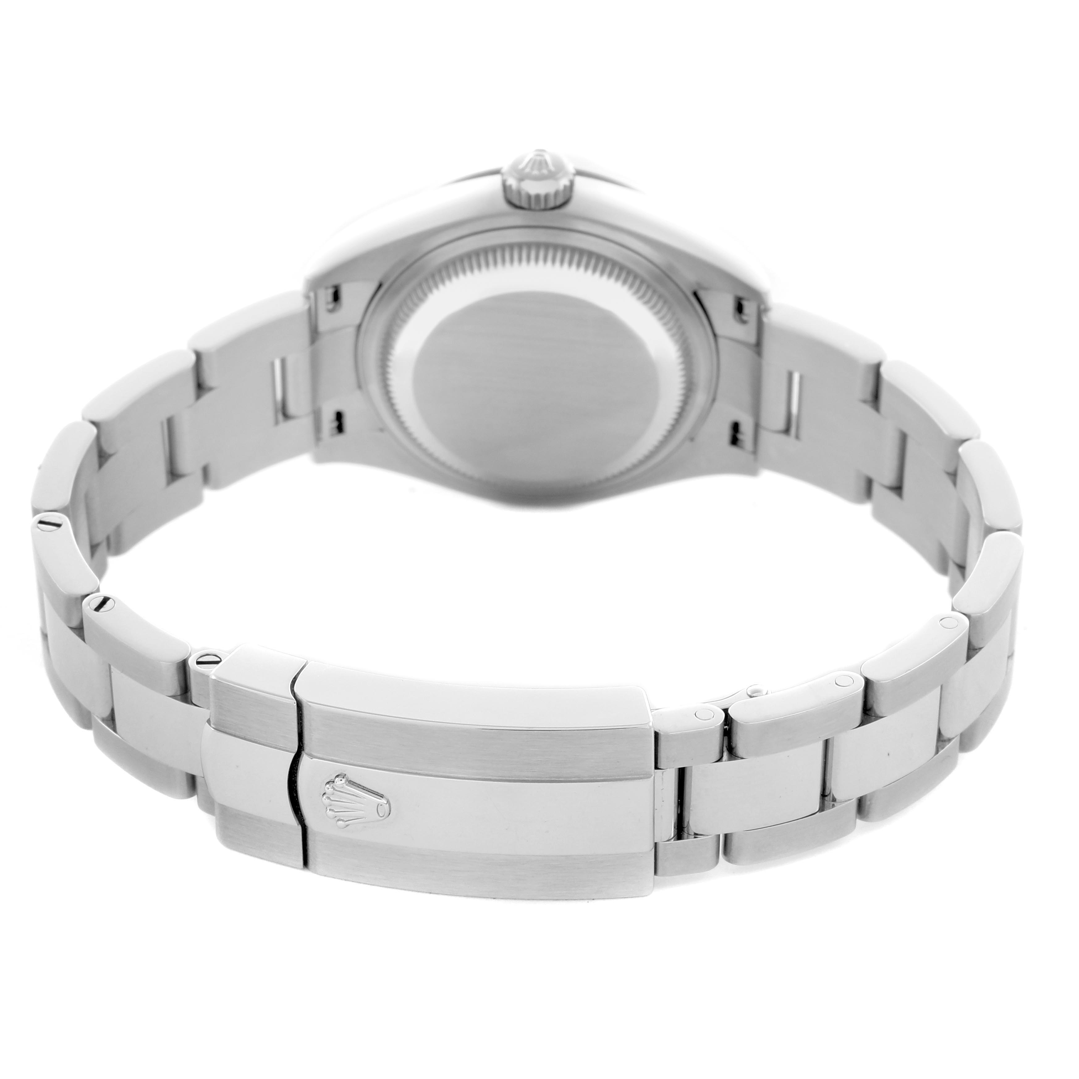 The image shows the back of the Rolex Datejust 279174 Women
s Stainless Steel Mother of Pearl Dial 279174 Women
s Stainless Steel Mother of Pearl Dial watch, highlighting its bracelet and clasp.