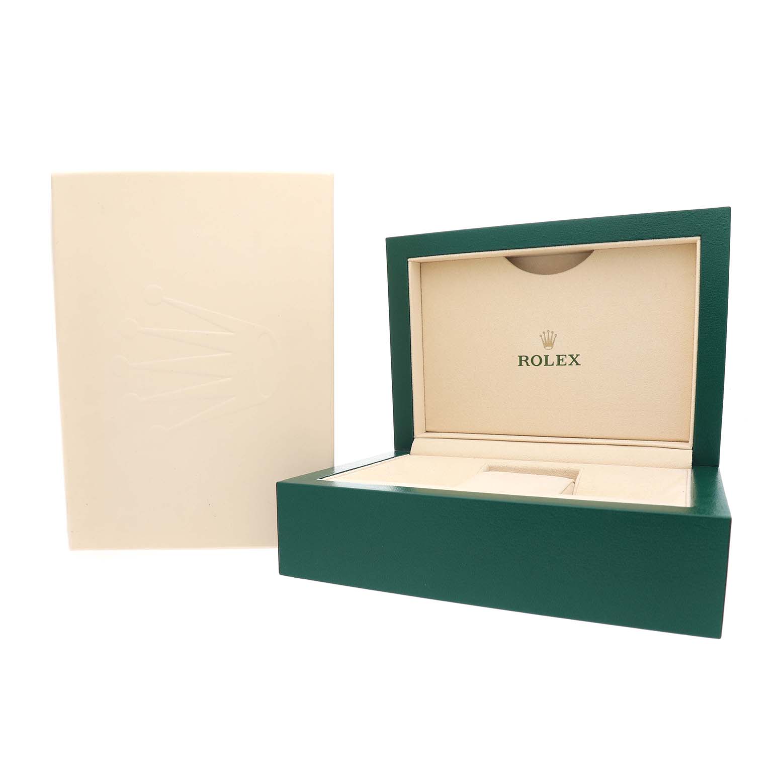 The image shows an open Rolex watch box for the Datejust model, featuring its green exterior and beige interior.