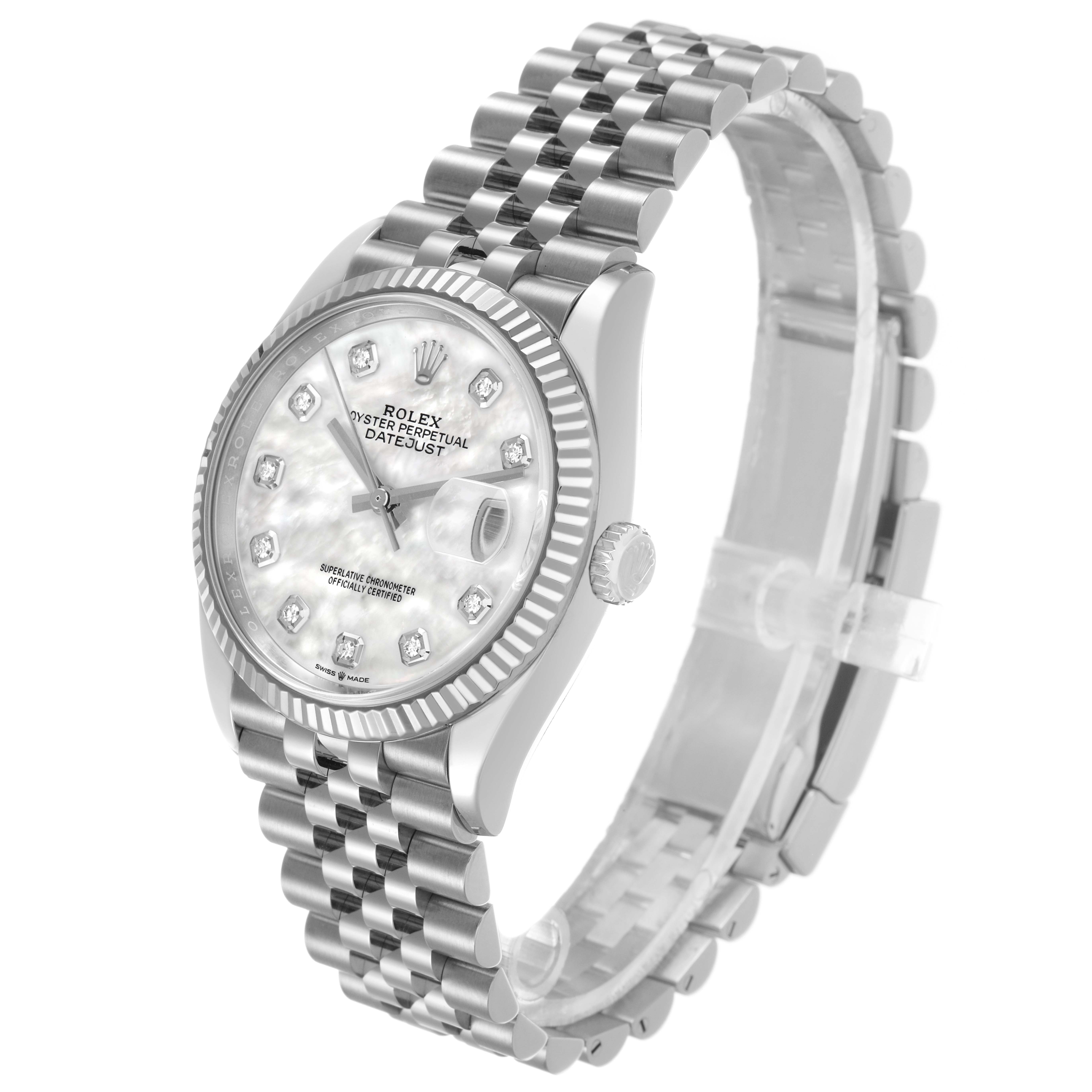 The Rolex Datejust 126234 Men's Stainless Steel Mother of Pearl Dial watch is shown at an angled side view, highlighting its face, bezel, and bracelet.