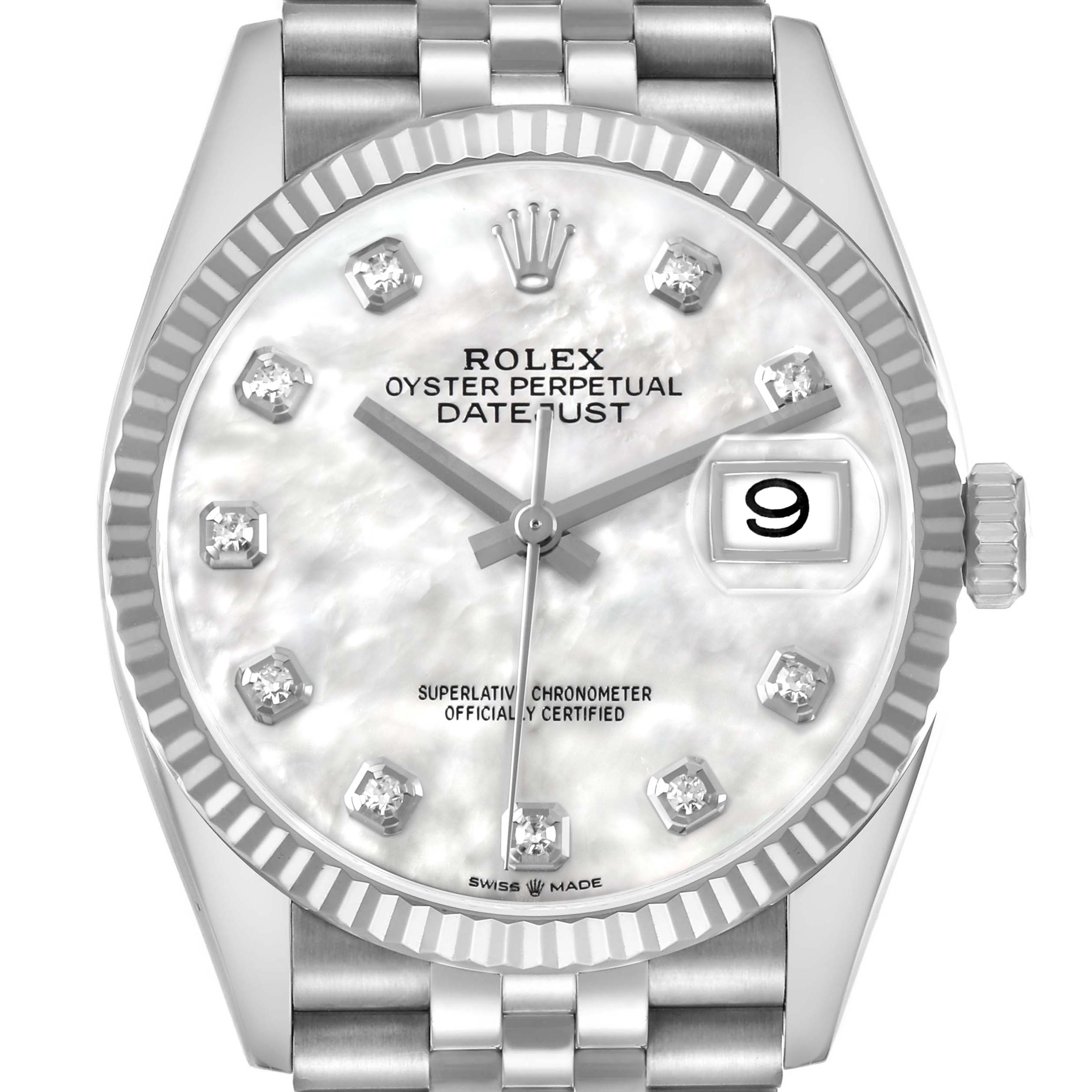 The Rolex Datejust 126234 Men's Stainless Steel Mother of Pearl Dial watch is shown from the front, highlighting the dial, bezel, and part of the bracelet.
