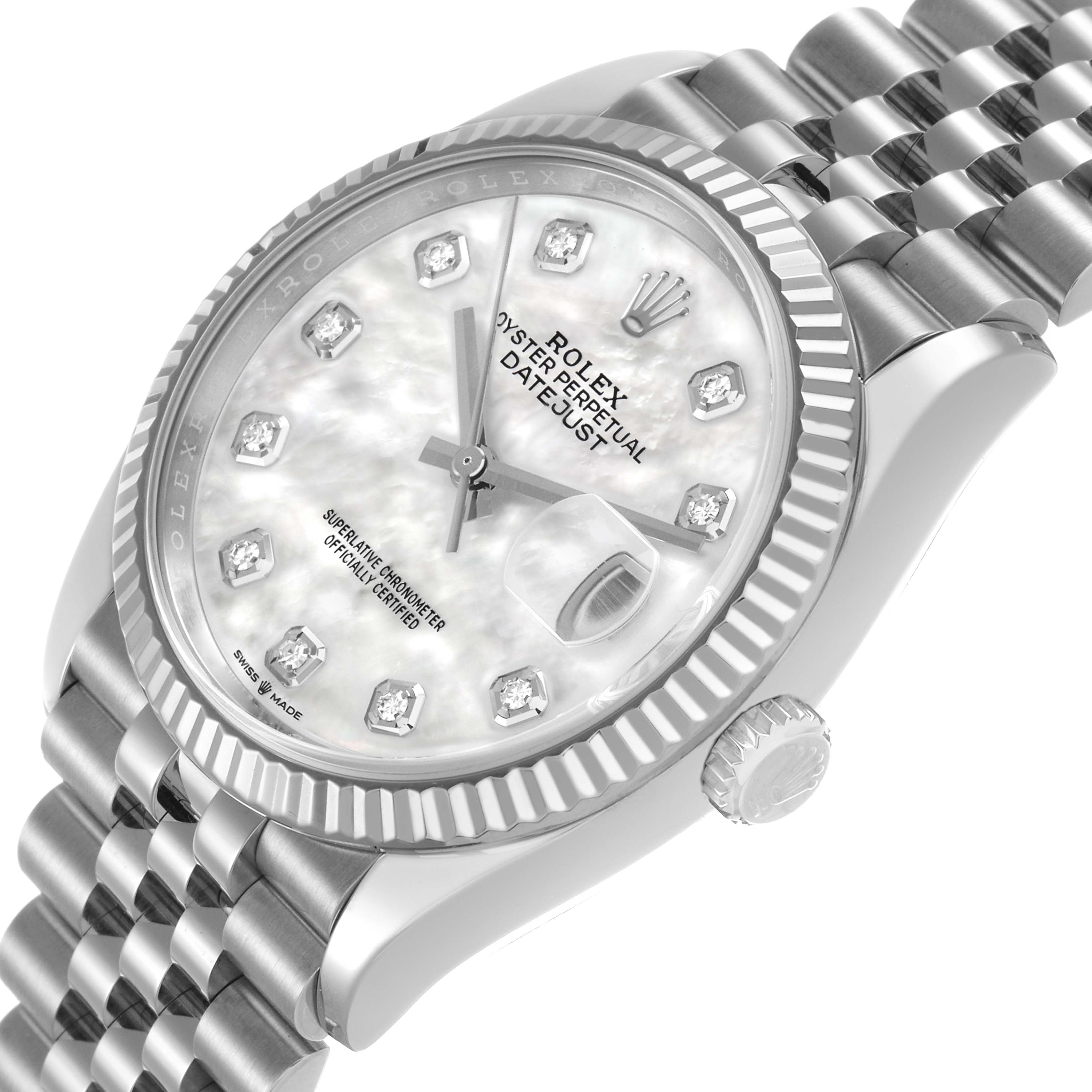 The Rolex Datejust 126234 Men's Stainless Steel Mother of Pearl Dial watch is shown at an angled side view, highlighting the dial, bezel, crown, and part of the bracelet.