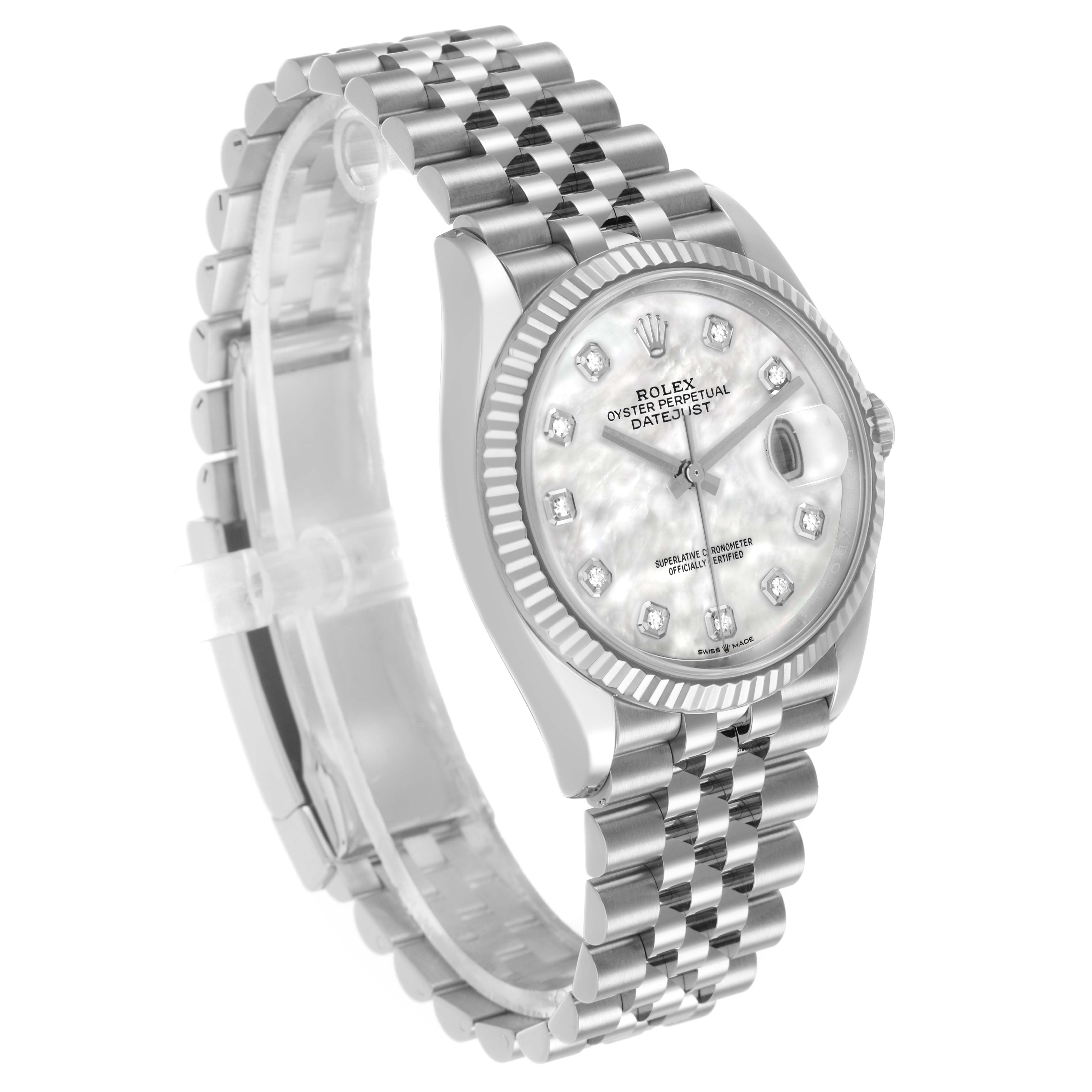 The Rolex Datejust 126234 Men's Stainless Steel Mother of Pearl Dial watch is shown at a three-quarter angle, highlighting the case, dial, fluted bezel, and bracelet.