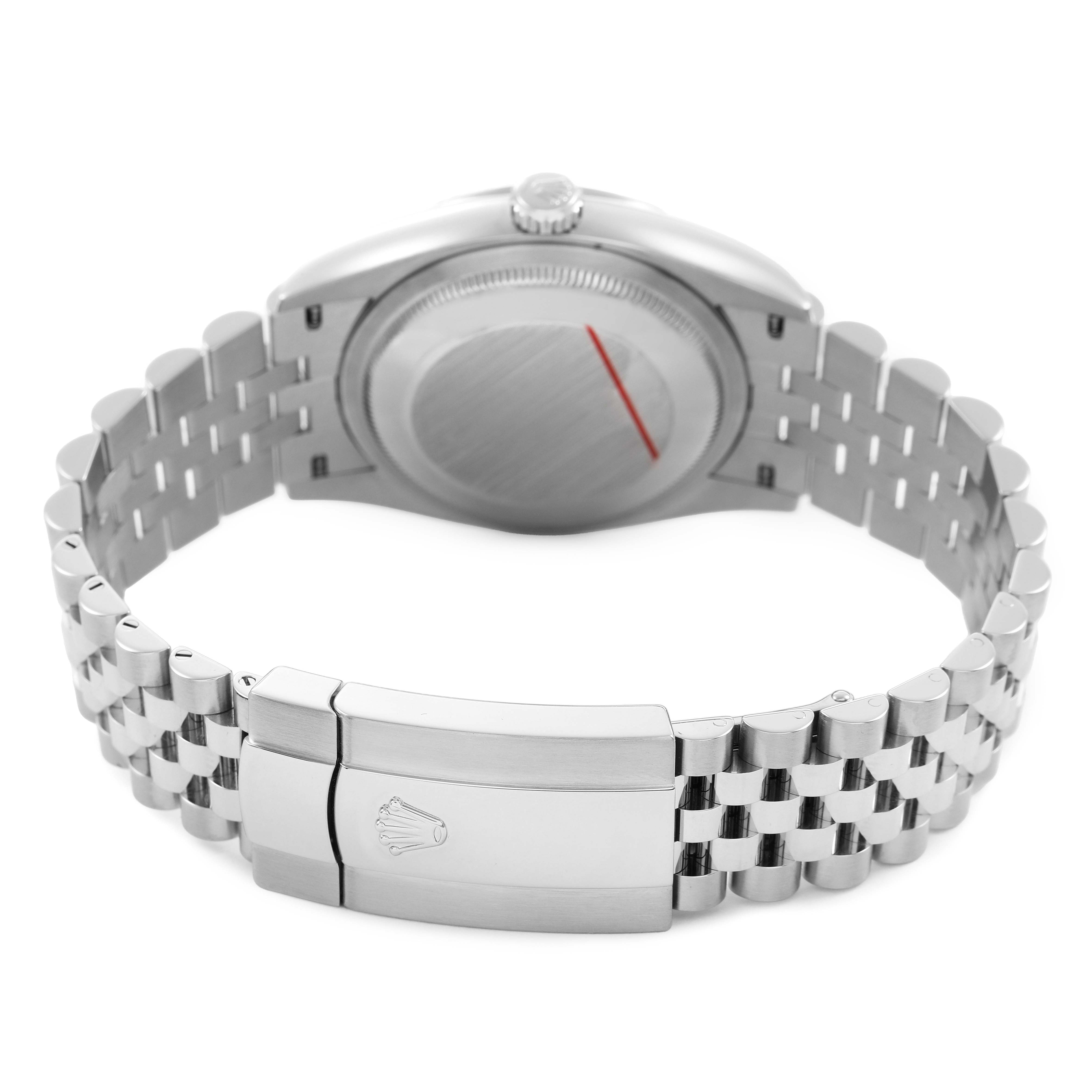 The image shows the back of a Rolex Datejust 126234 Men's Stainless Steel Mother of Pearl Dial watch, highlighting the case back, bracelet, and clasp from a rear angle.
