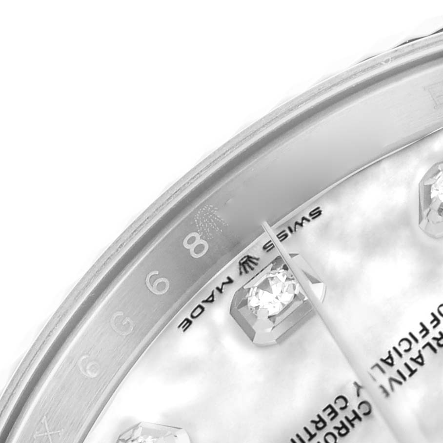 The image shows a close-up of a Rolex Datejust 126234 Men's Stainless Steel Mother of Pearl Dial watch dial focusing on the diamond hour markers and partial bezel.