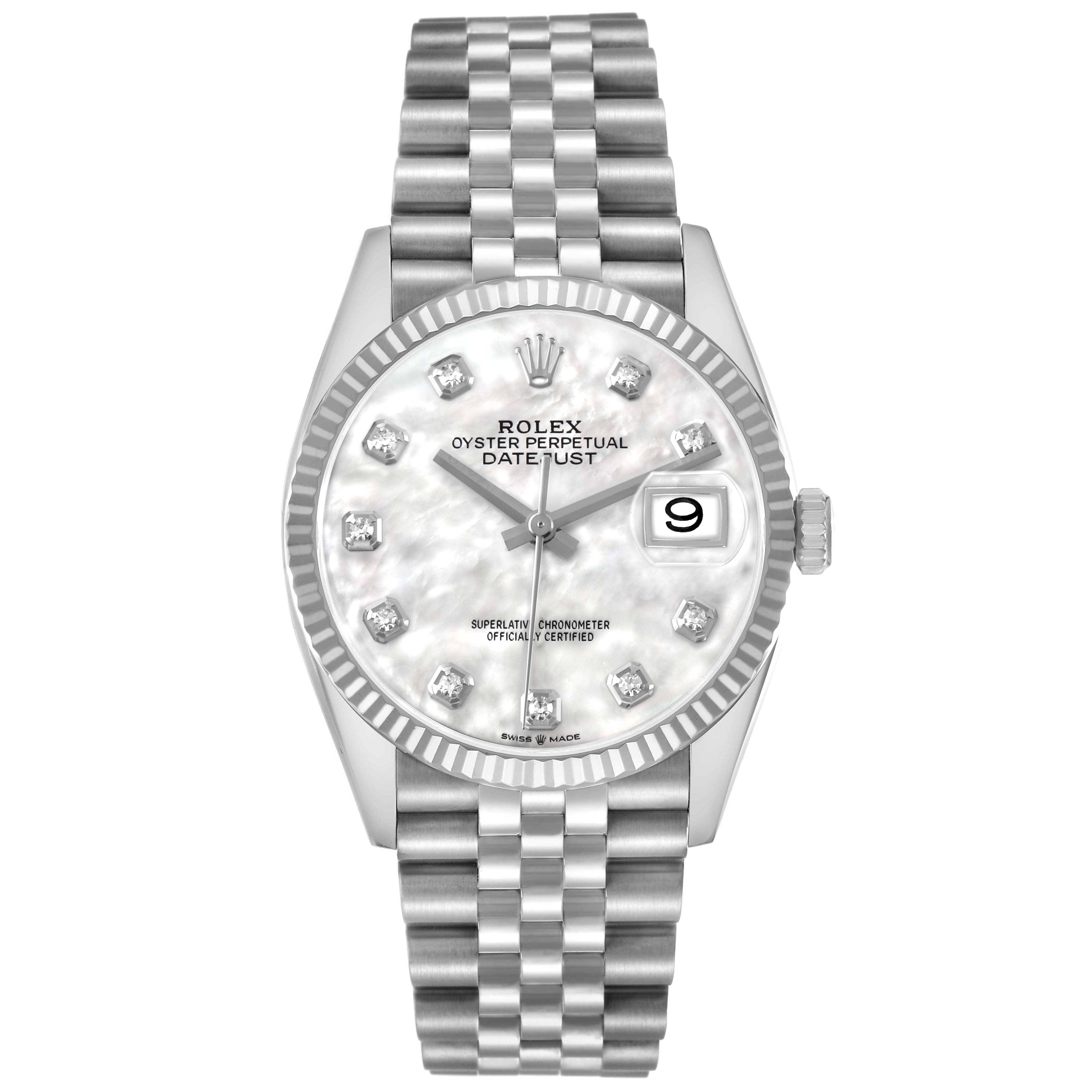 The image shows a front view of a Rolex Datejust 126234 Men's Stainless Steel Mother of Pearl Dial watch, highlighting the dial, date window, bezel, and Jubilee bracelet.