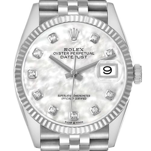 The Rolex Datejust 126234 Men's Stainless Steel Mother of Pearl Dial watch is shown from a frontal angle, highlighting the dial, diamond markers, bezel, and part of the bracelet.