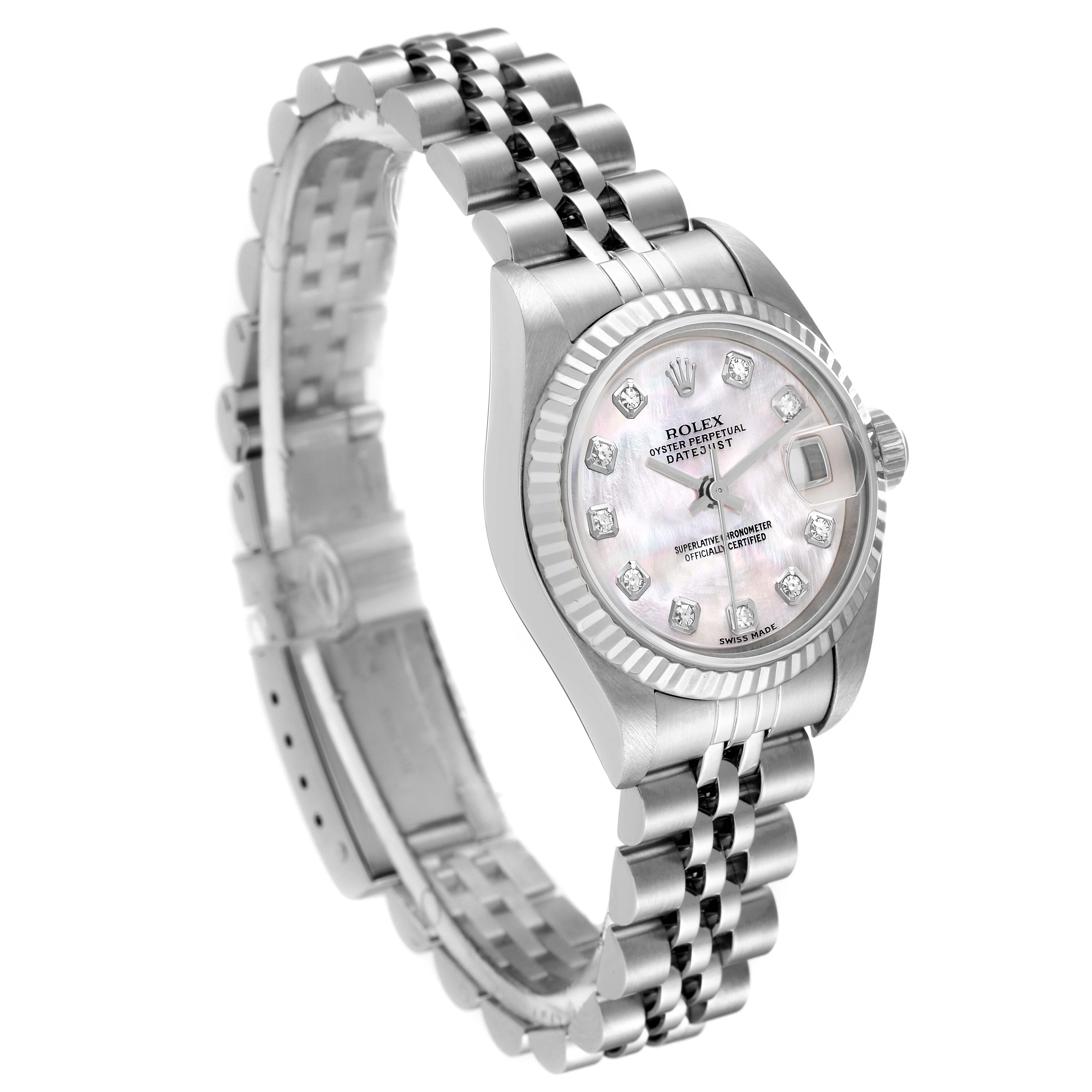 The image shows a Rolex Datejust 79174 Women's Stainless Steel Mother of Pearl Dial 79174 Women's Stainless Steel Mother of Pearl Dial watch at a three-quarter angle, highlighting the bracelet, dial, and bezel.