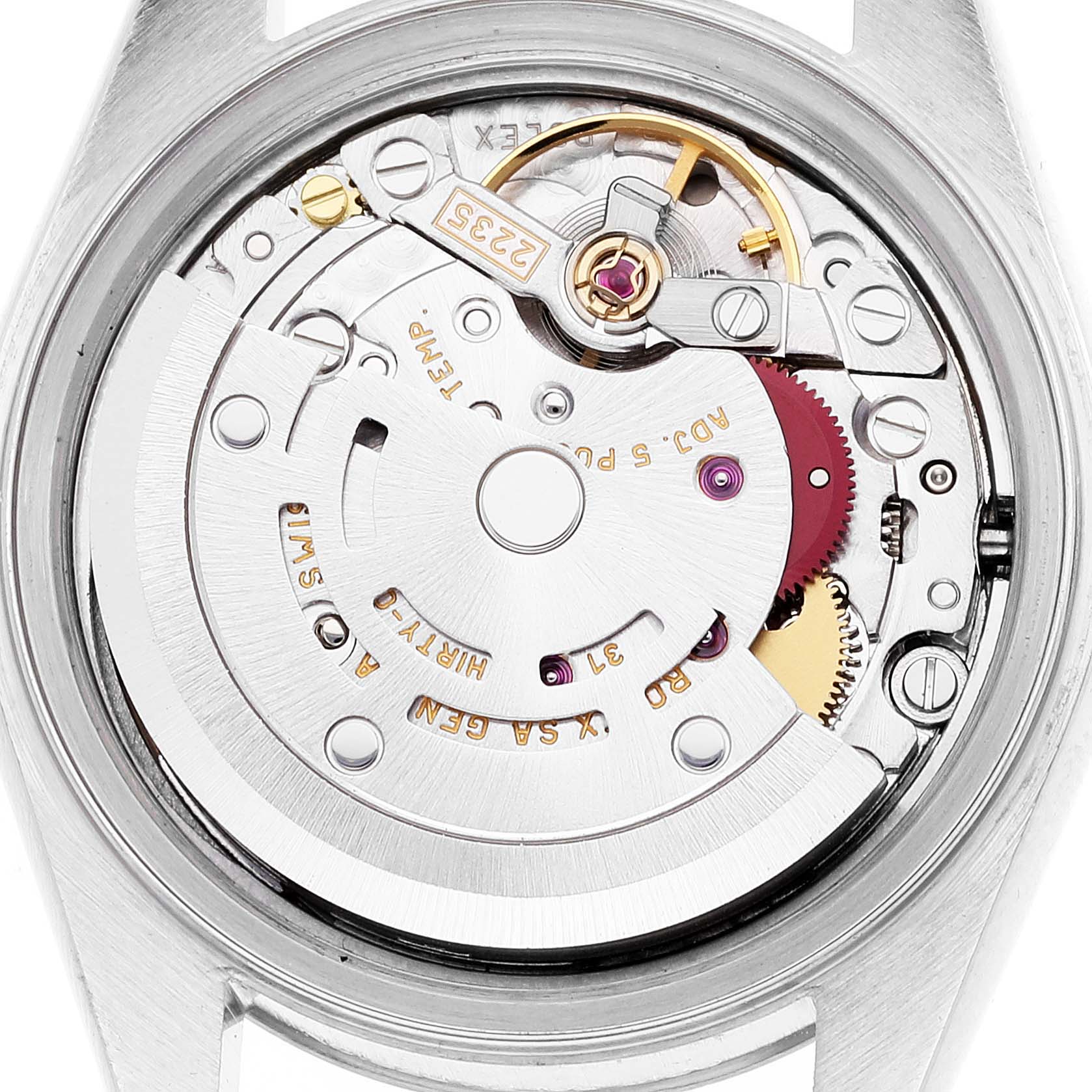 This image shows the inner workings and mechanical movement from the back angle of the Datejust model by Rolex.