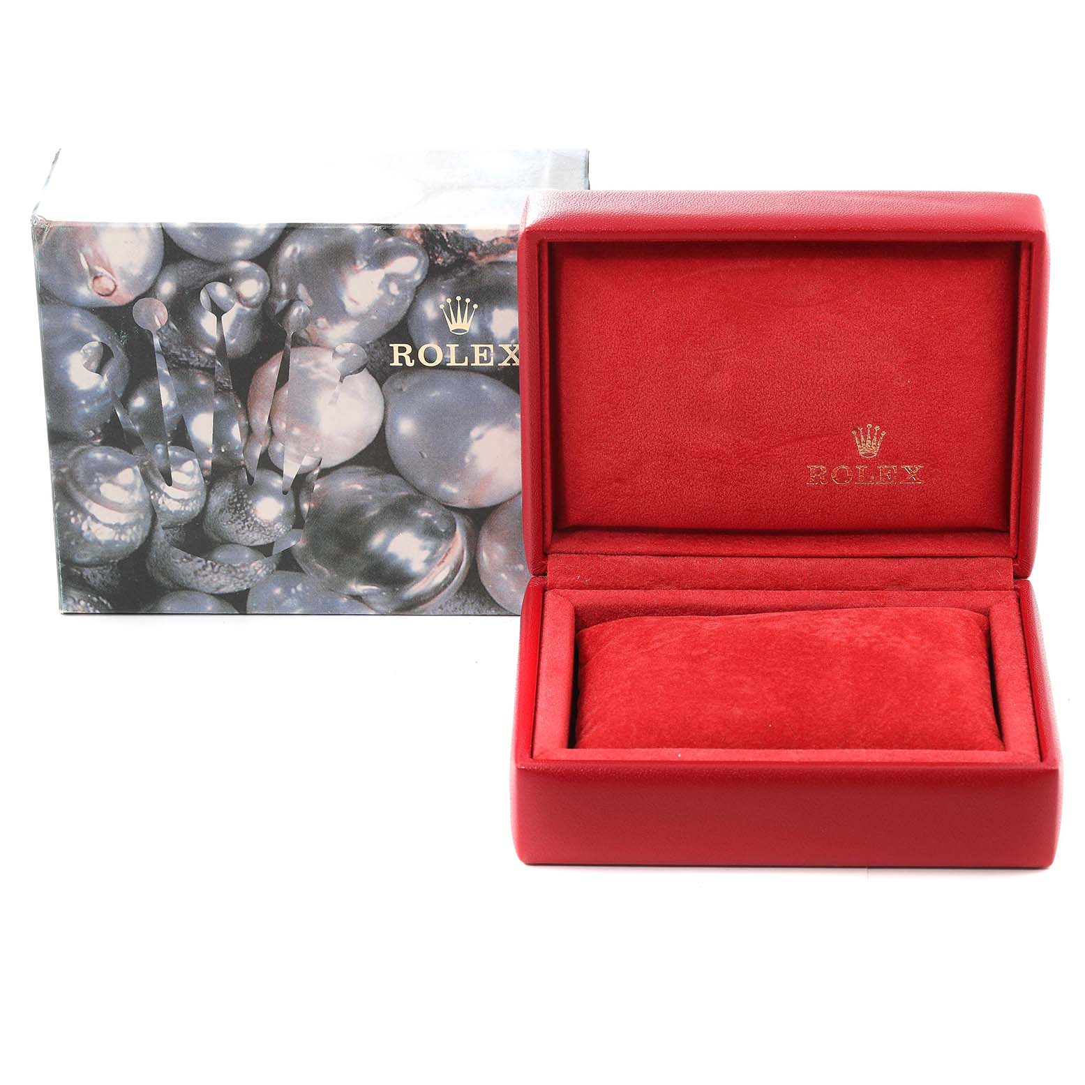 The image shows a Rolex Datejust 79174 Women's Stainless Steel Mother of Pearl Dial 79174 Women's Stainless Steel Mother of Pearl Dial watch box and packaging with a red interior and a decorative outer box.