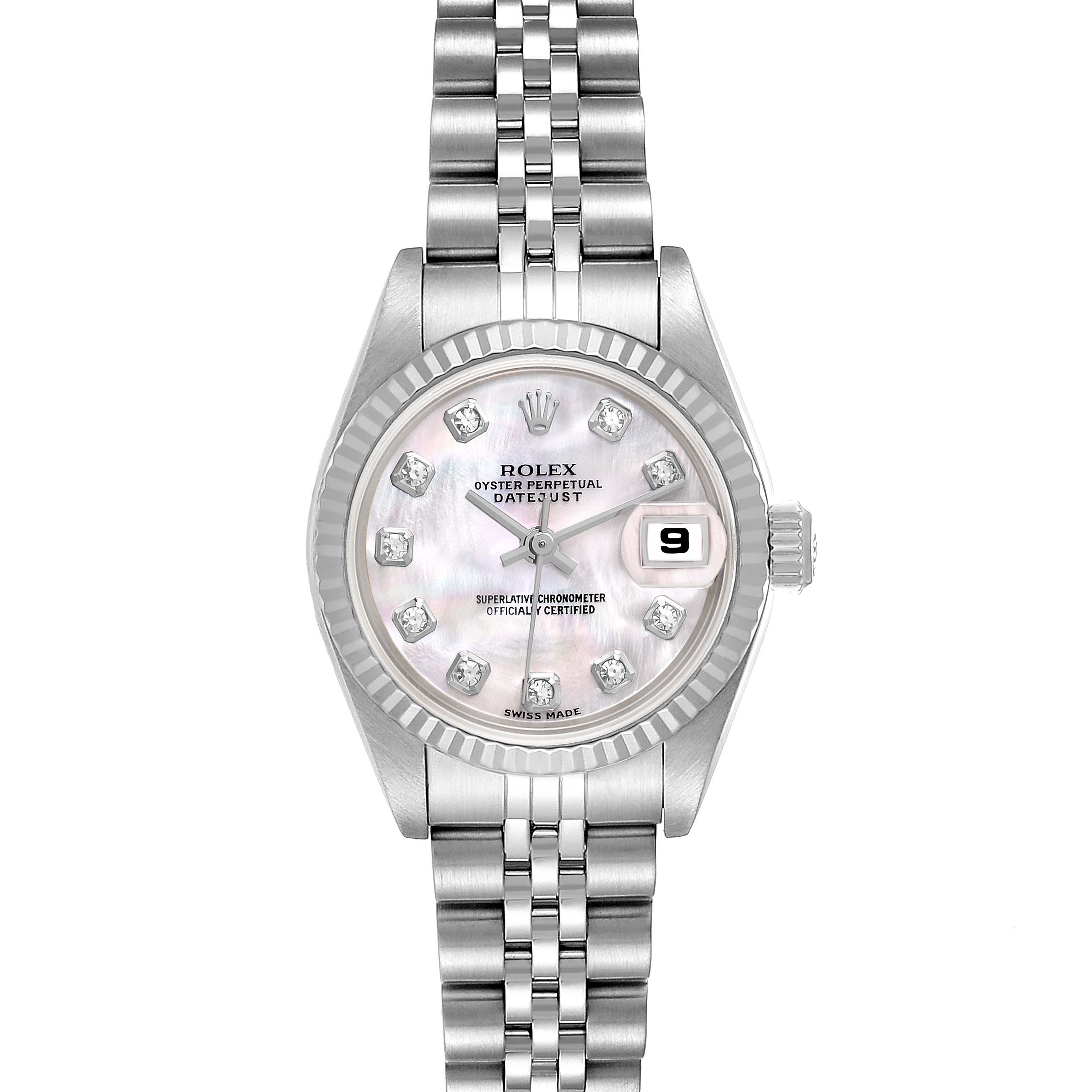 The image shows a Rolex Datejust 79174 Women's Stainless Steel Mother of Pearl Dial 79174 Women's Stainless Steel Mother of Pearl Dial watch from a top angle, displaying the dial, bezel, bracelet, and crown.