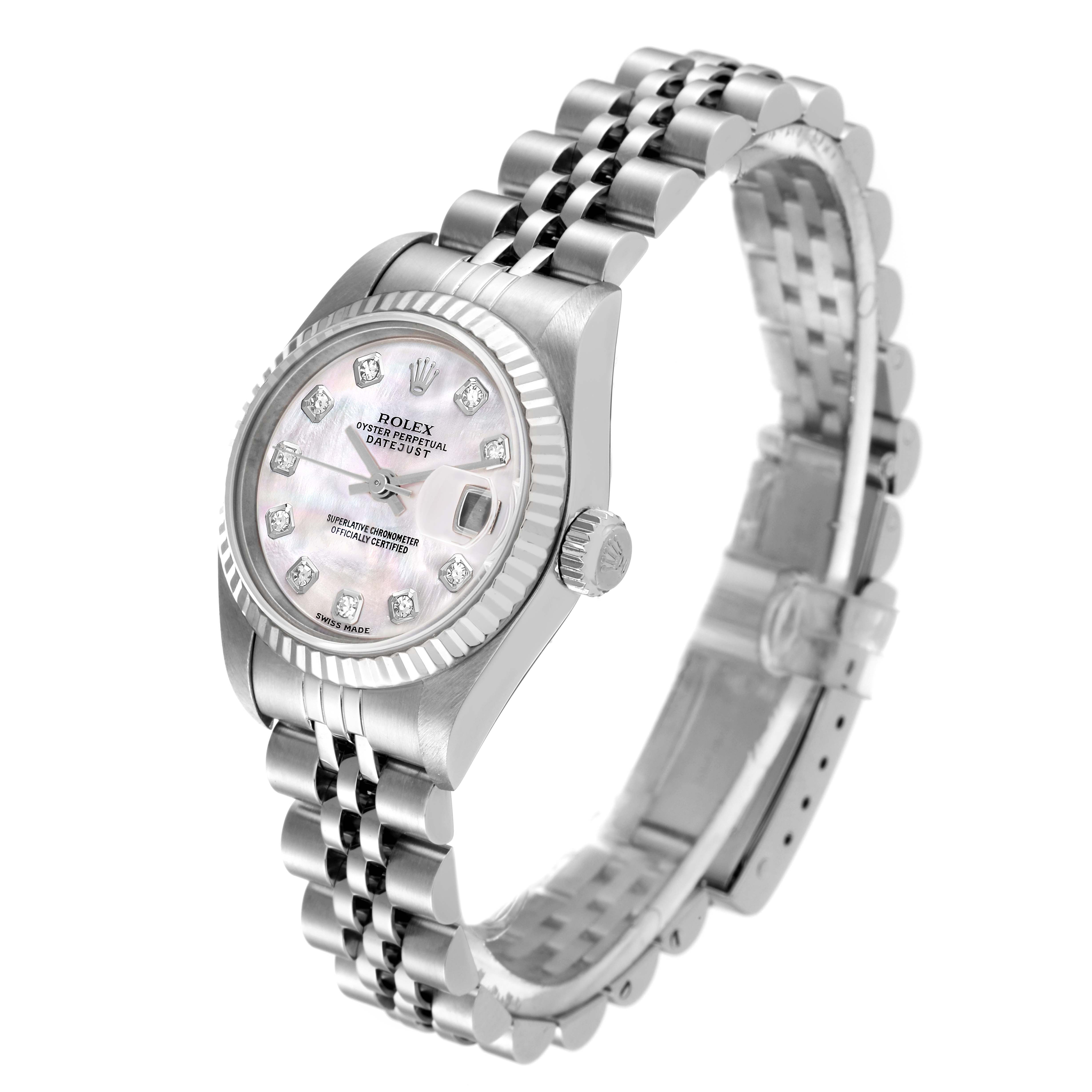 The image shows a Rolex Datejust 79174 Women's Stainless Steel Mother of Pearl Dial 79174 Women's Stainless Steel Mother of Pearl Dial watch at a three-quarter angle, highlighting the dial, bezel, and bracelet.