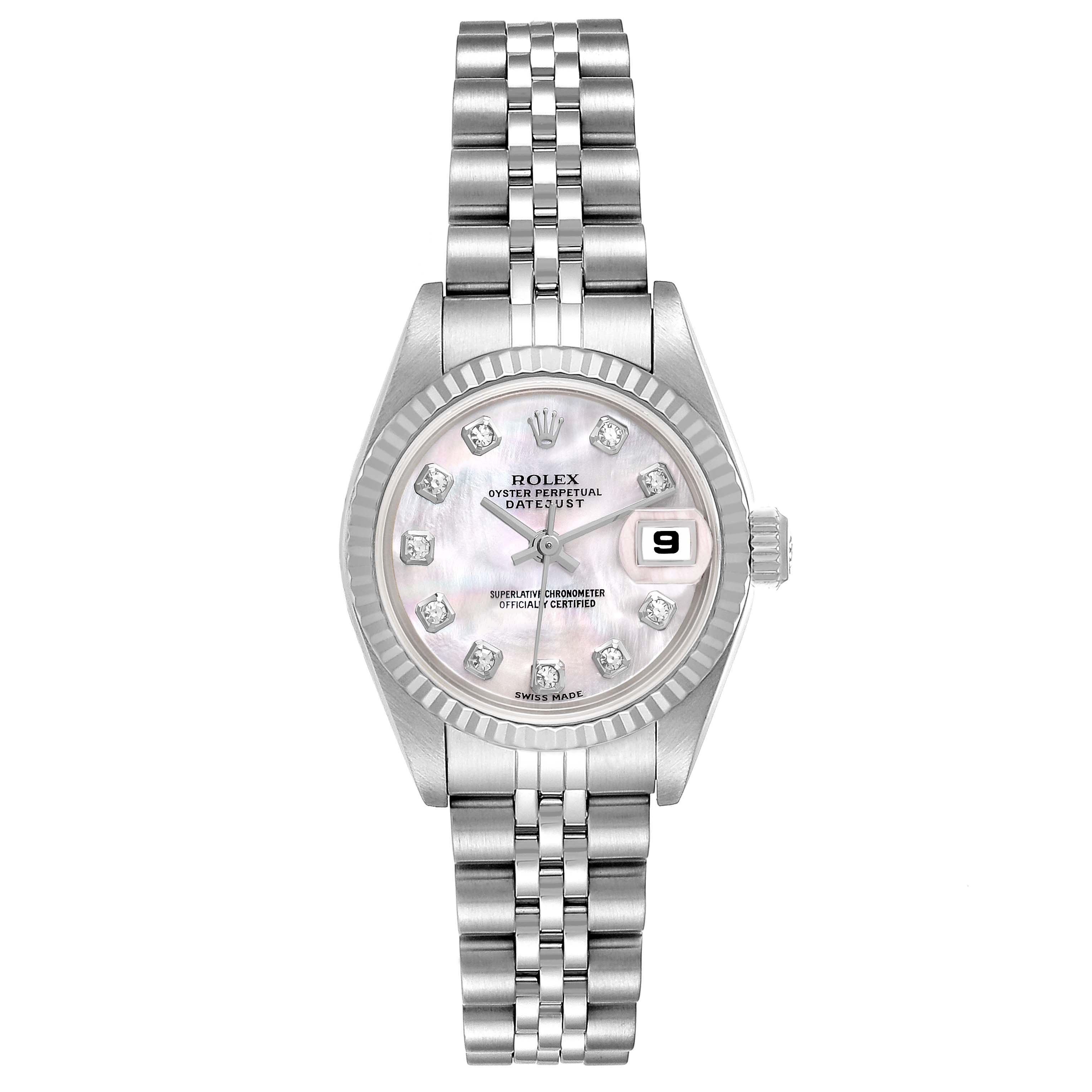 This is a front view of a Rolex Datejust 79174 Women's Stainless Steel Mother of Pearl Dial 79174 Women's Stainless Steel Mother of Pearl Dial watch, showing its dial, bezel, case, and bracelet.