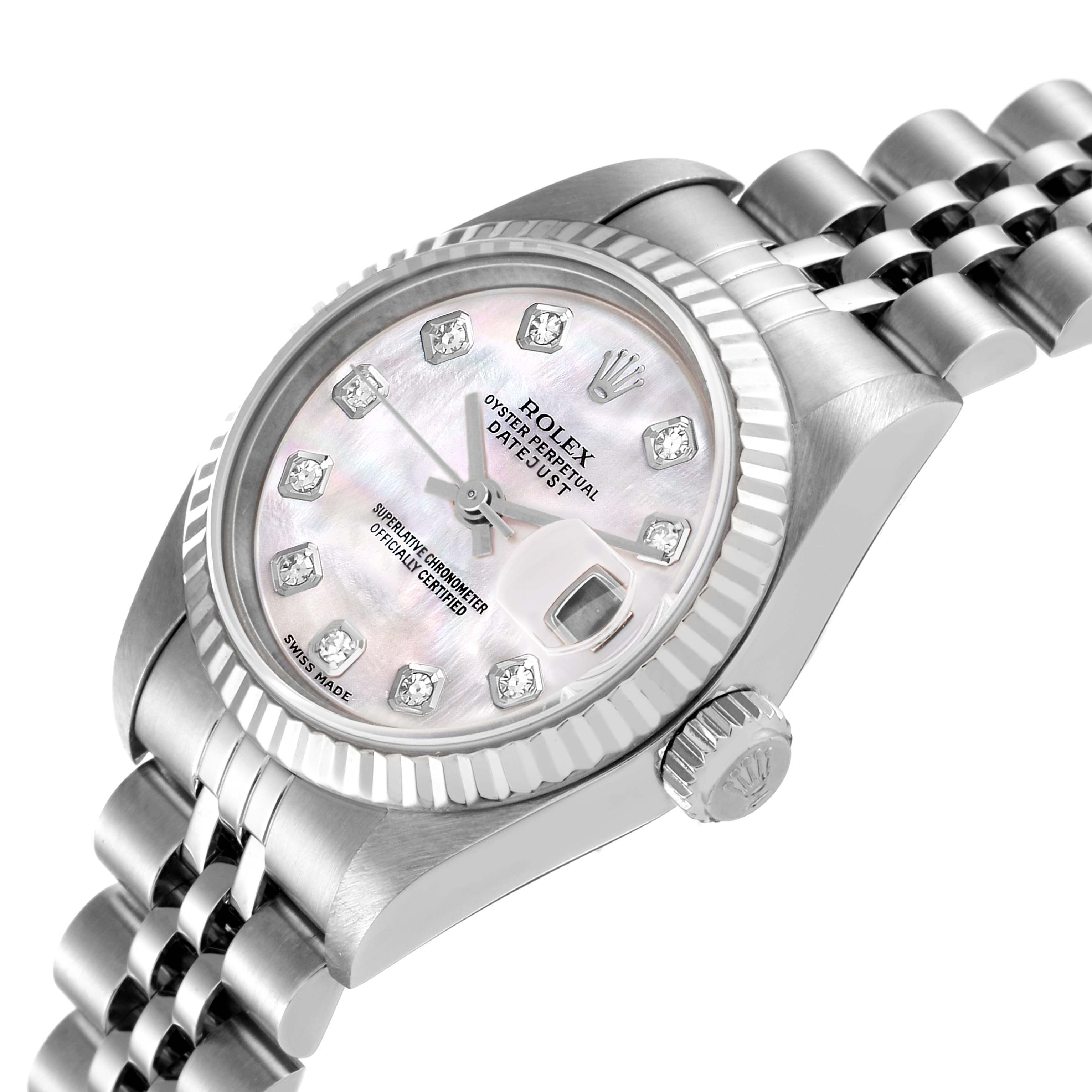 The image shows a close-up side angle of a Rolex Datejust 79174 Women's Stainless Steel Mother of Pearl Dial 79174 Women's Stainless Steel Mother of Pearl Dial watch's face, bezel, crown, and part of the bracelet.