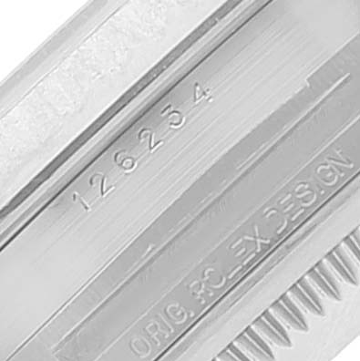 This image shows a close-up of the model number "126234" and engravings on the side of a Rolex Datejust 126234 Men's Stainless Steel Purple Dial 126234 Men's Stainless Steel Purple Dial watch.