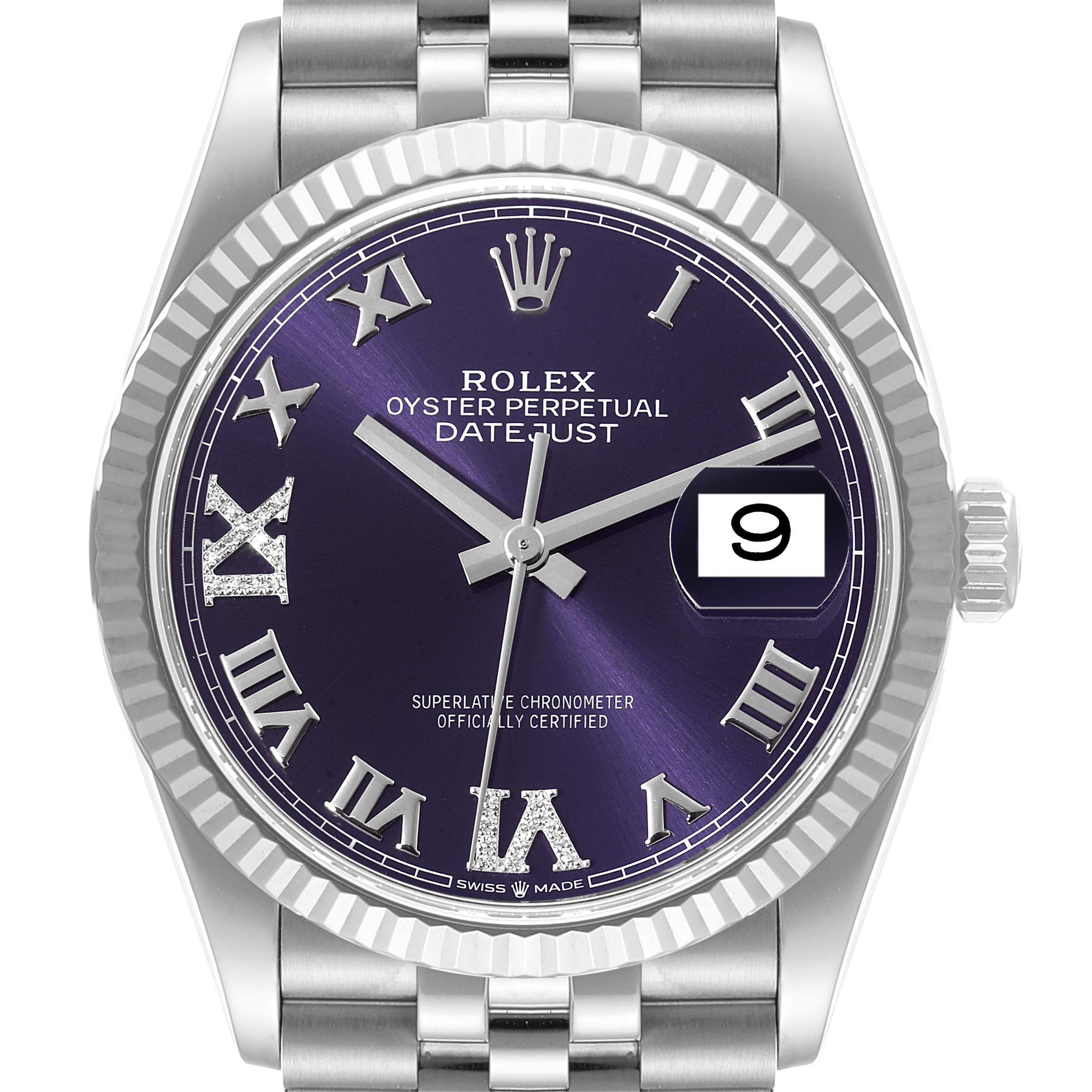 The image shows a close-up of a Rolex Datejust 126234 Men's Stainless Steel Purple Dial 126234 Men's Stainless Steel Purple Dial watch face, highlighting the Roman numeral hour markers and date window at 3 o'clock.