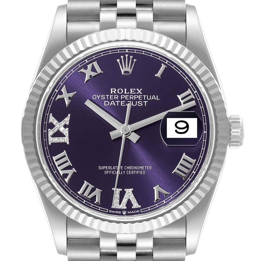 Rolex Datejust Steel White Gold Purple Dial Diamond Watch 126234 Box Card SwissWatchExpo