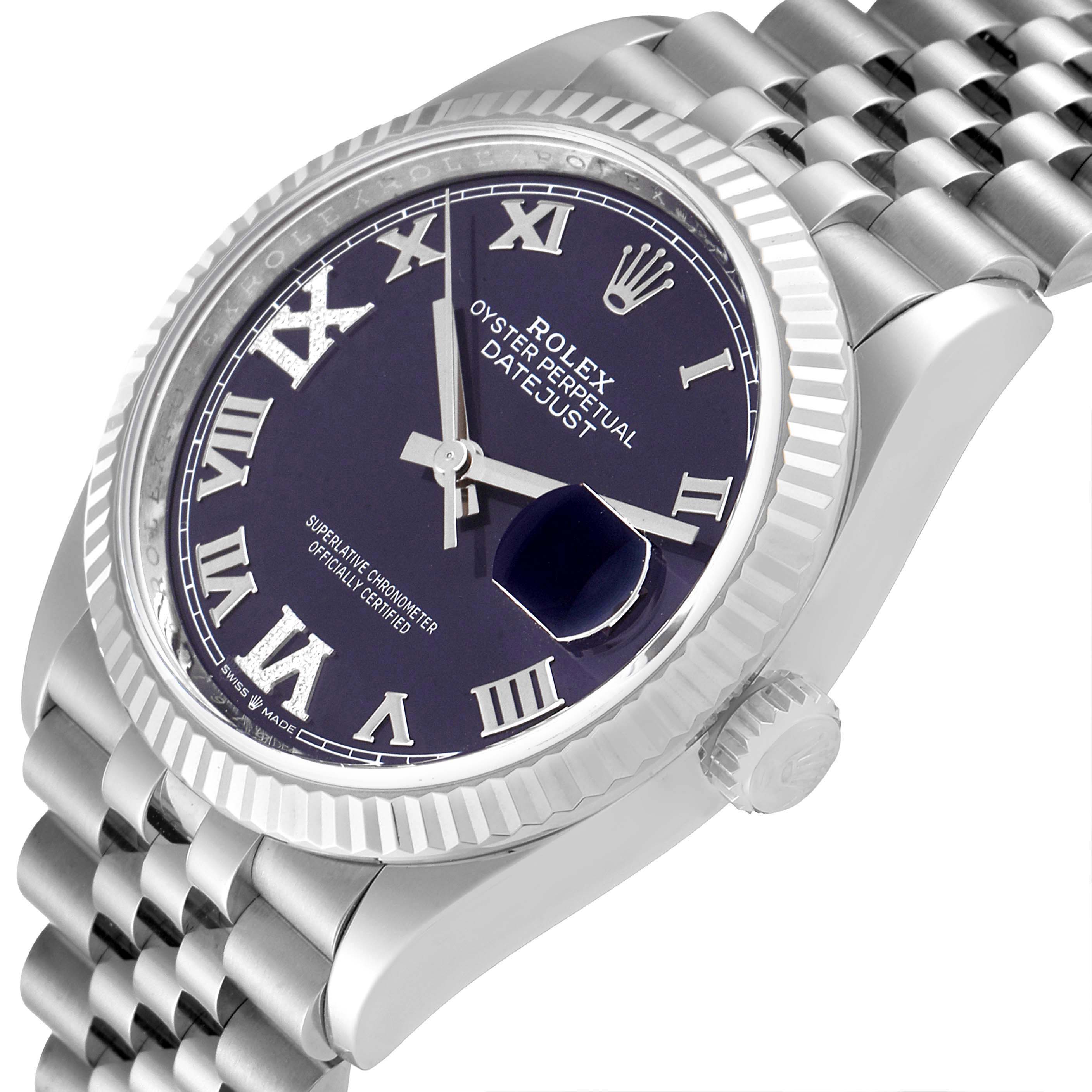 The image shows a close-up angled view of a Rolex Datejust 126234 Men's Stainless Steel Purple Dial 126234 Men's Stainless Steel Purple Dial watch, highlighting the dial, bezel, and part of the bracelet.