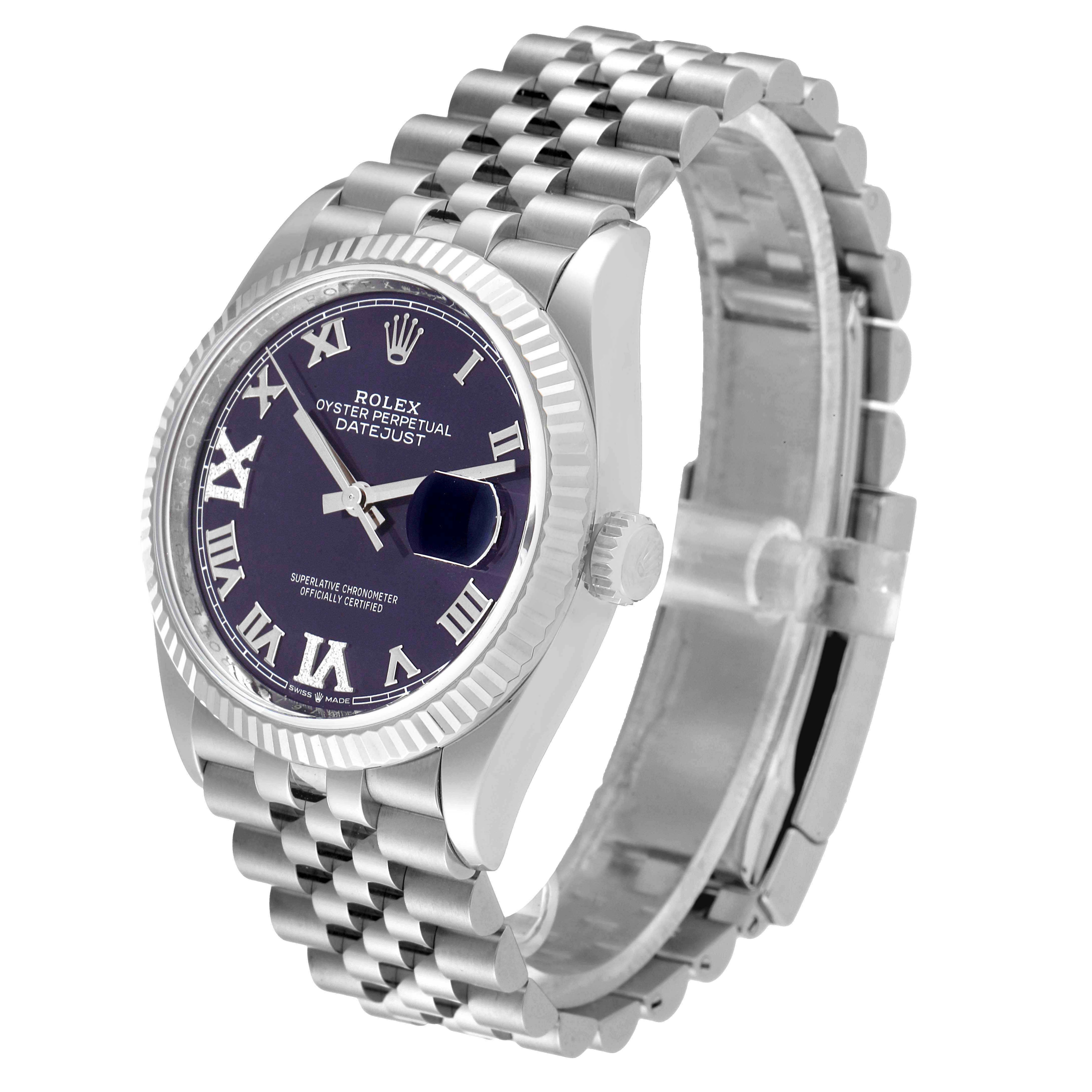 The image shows a Rolex Datejust 126234 Men's Stainless Steel Purple Dial 126234 Men's Stainless Steel Purple Dial watch at a three-quarter angle, highlighting its bracelet, crown, and dial.