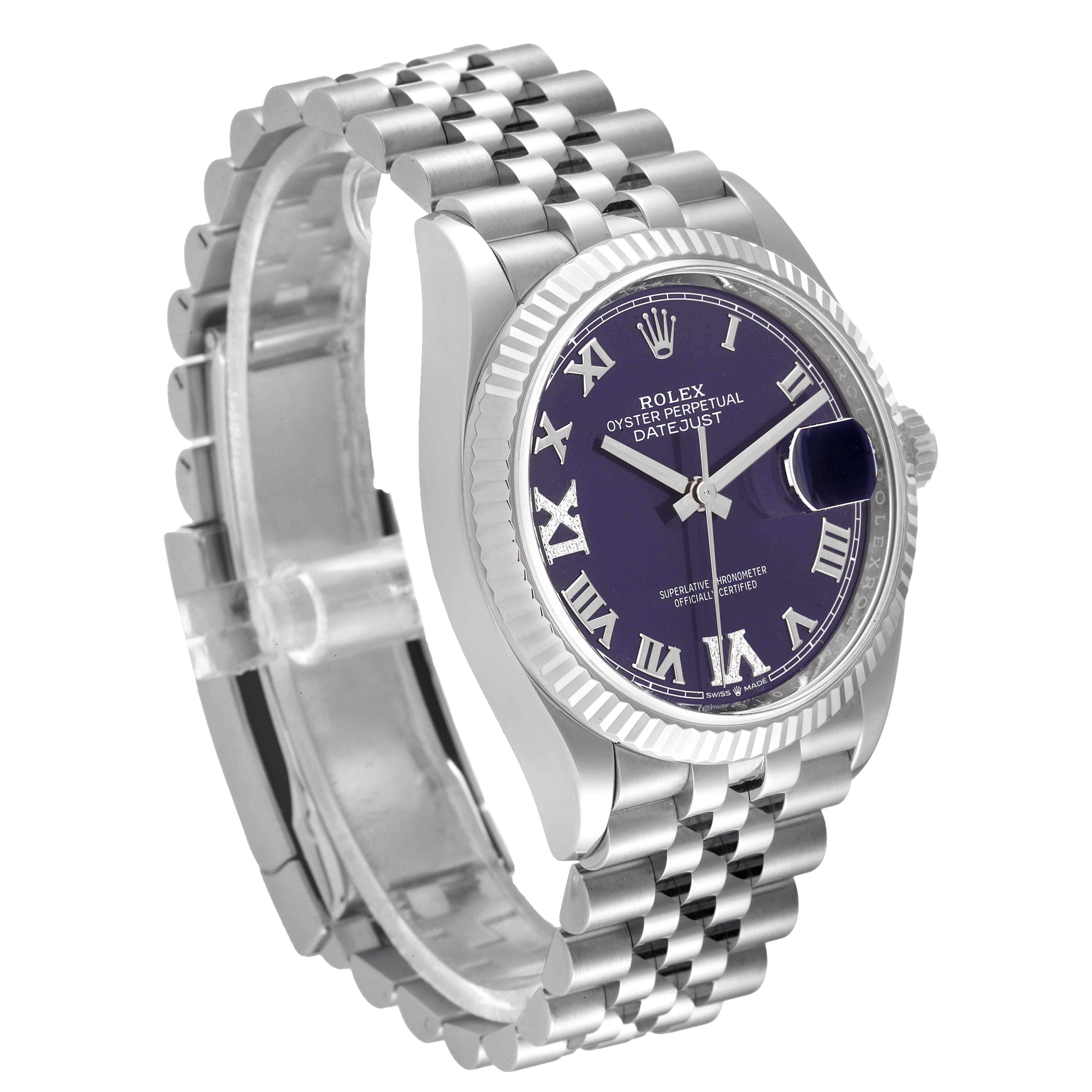 The Rolex Datejust 126234 Men's Stainless Steel Purple Dial 126234 Men's Stainless Steel Purple Dial watch is shown at a three-quarter angle, highlighting its face, bezel, and bracelet.
