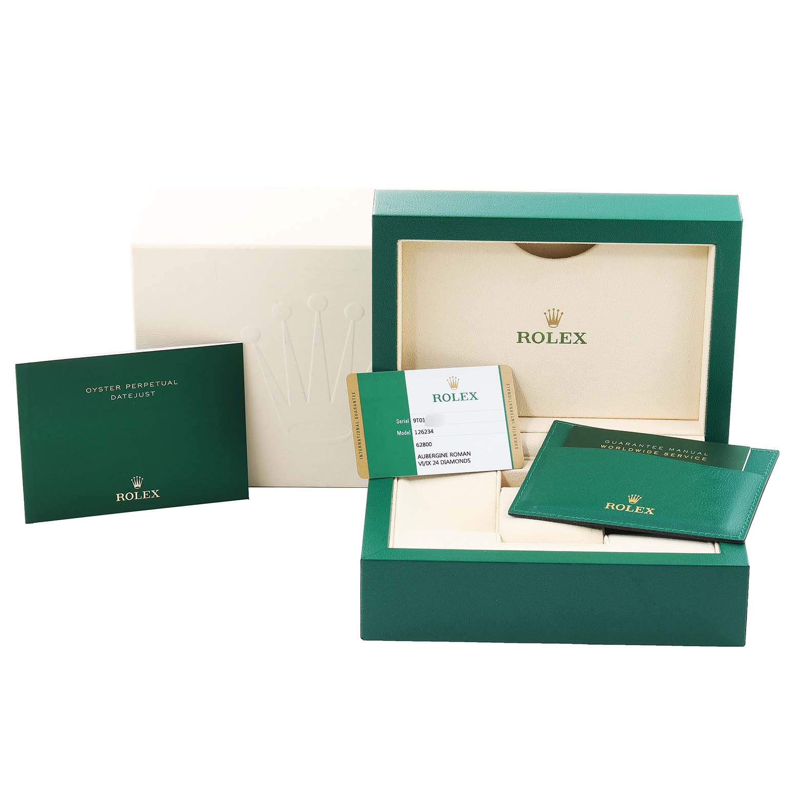 The image shows packaging and documentation accessories for a Rolex Datejust 126234 Men's Stainless Steel Purple Dial 126234 Men's Stainless Steel Purple Dial watch, including the box, warranty card, and manuals.