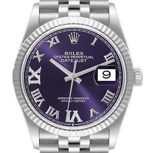 Photo of Rolex Datejust Steel White Gold Purple Dial Diamond Watch 126234 Box Card