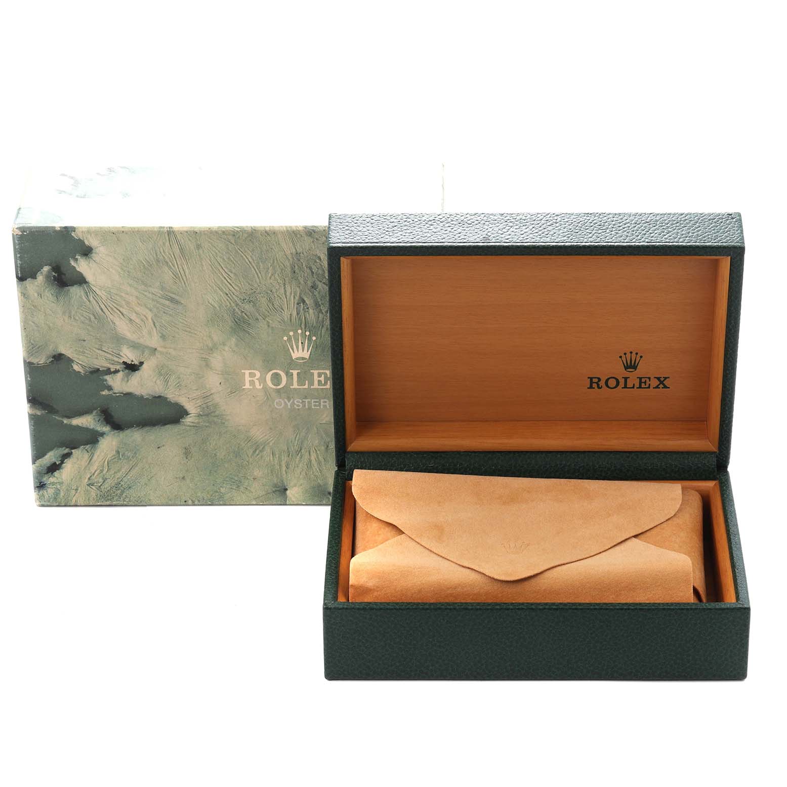 The image shows the Rolex Datejust 16234 Men
s Stainless Steel Silver Dial 16234 Men
s Stainless Steel Silver Dial box and pouch, highlighting the packaging from a front angle.