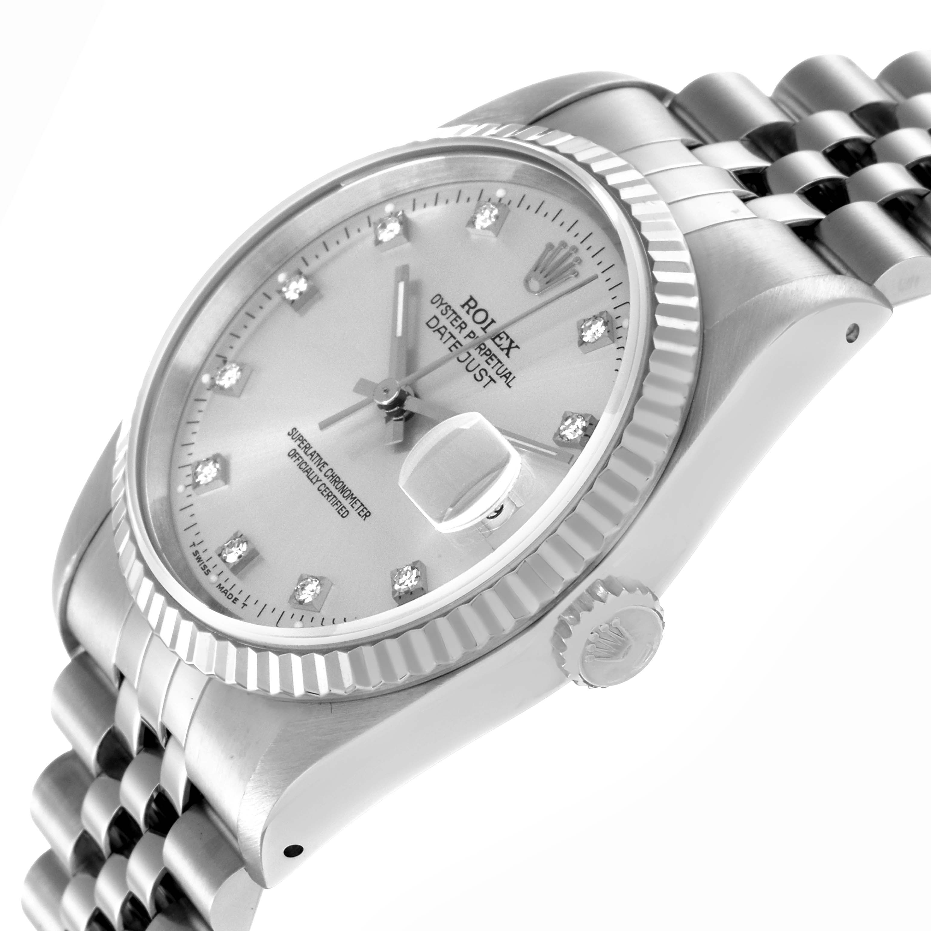 The Rolex Datejust 16234 Men
s Stainless Steel Silver Dial 16234 Men
s Stainless Steel Silver Dial is shown at an angle highlighting the dial, bezel, crown, and part of the bracelet.