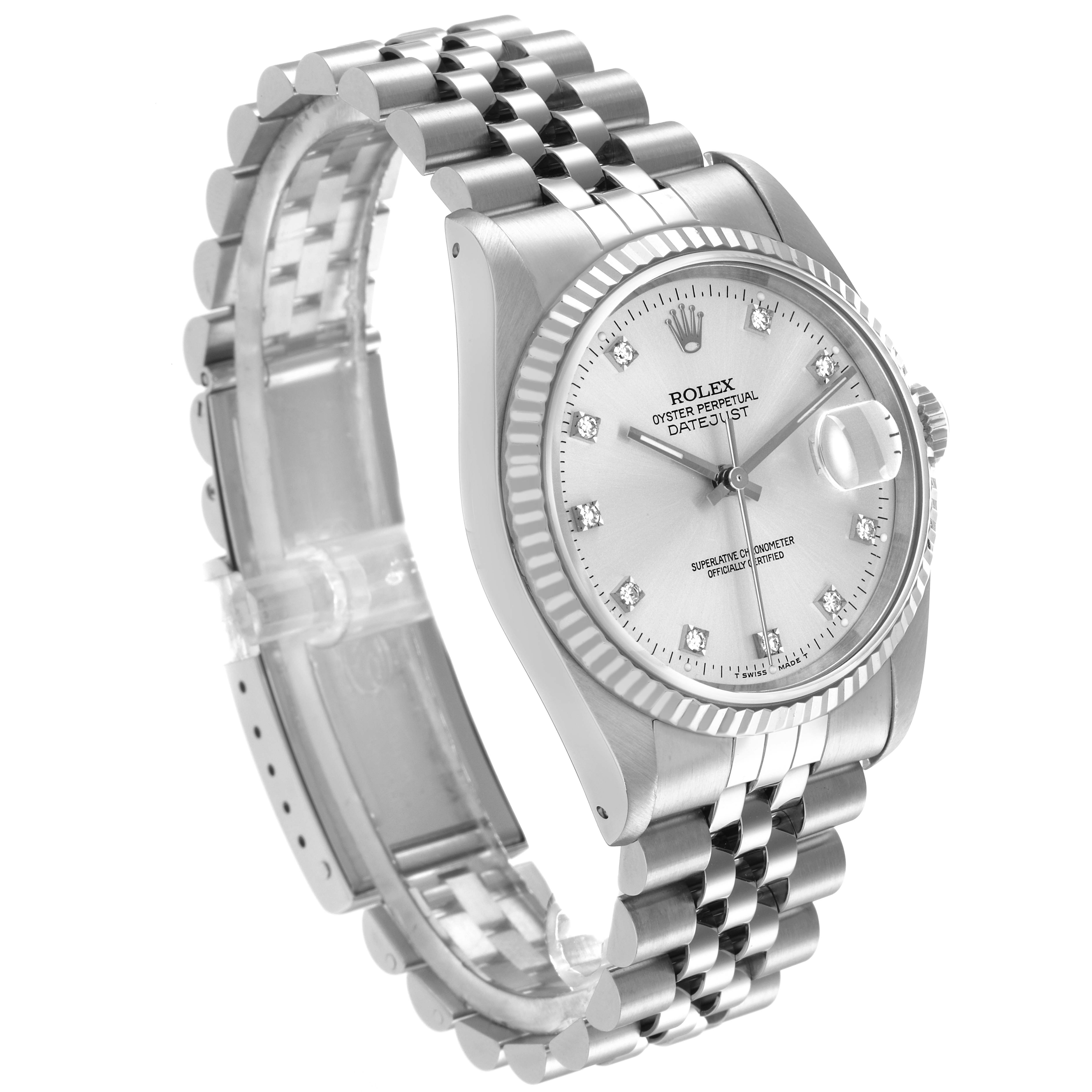 The Rolex Datejust 16234 Men
s Stainless Steel Silver Dial 16234 Men
s Stainless Steel Silver Dial watch is shown at a slight angle, highlighting the dial, bezel, bracelet, and crown.